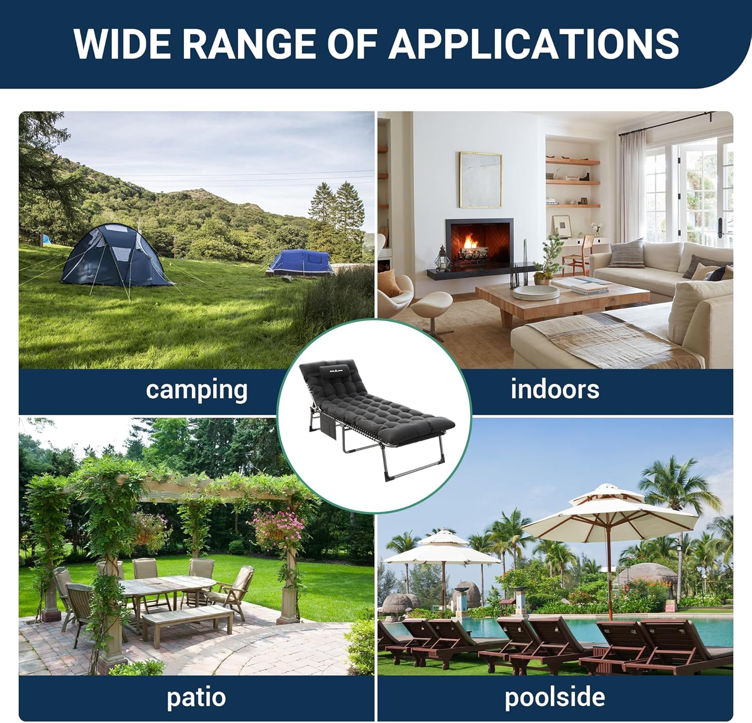 Catre de camping plegable acolchado para adultos con colchón de doble capa, ultra cómodo, tumbona portátil de 5 posiciones para exteriores e