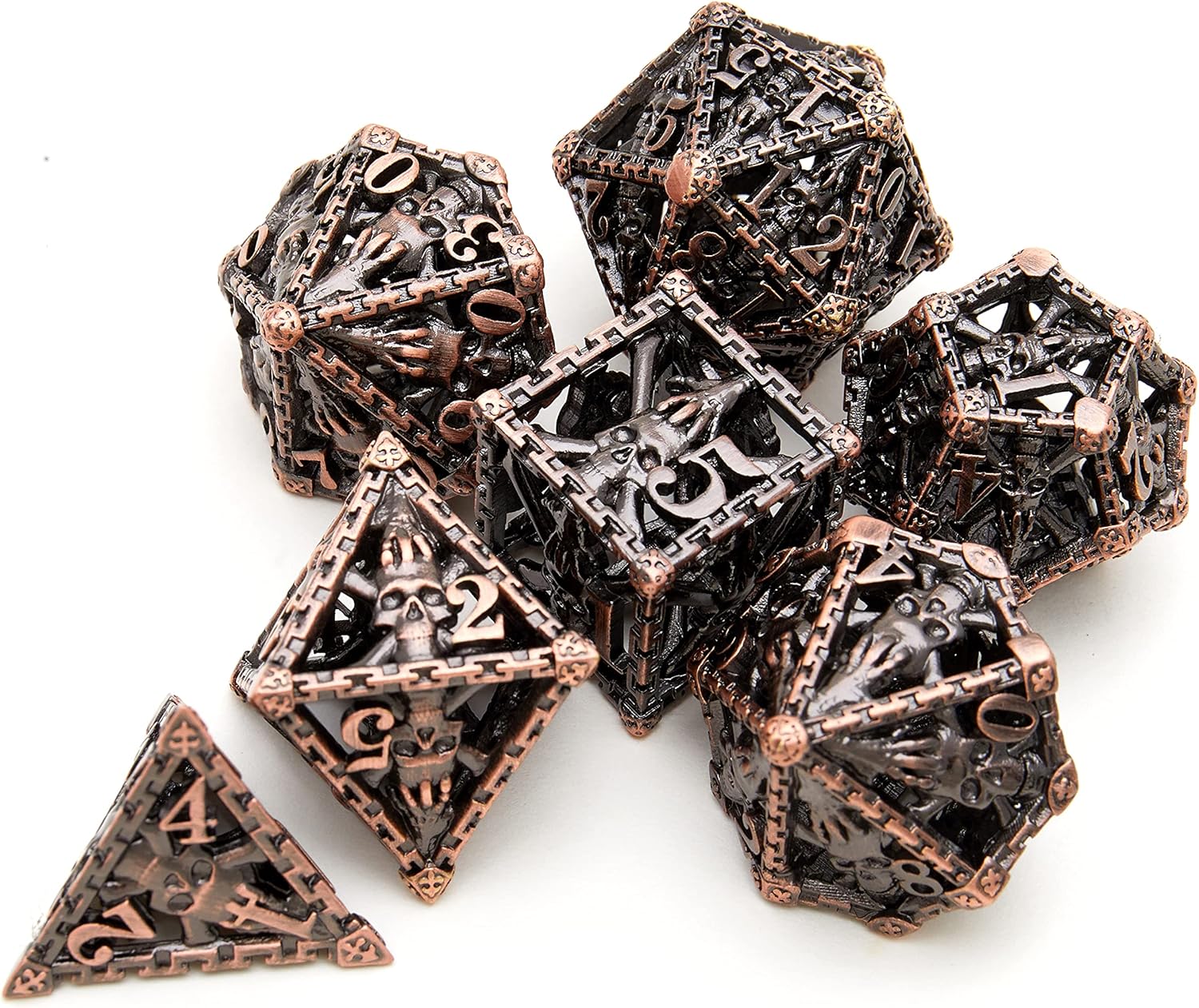 Tbrand Juego de dados de metal, dados de metal de calavera poliédricos huecos adecuados para juegos de rol de Calabozos y Dragones, cobre rojo
