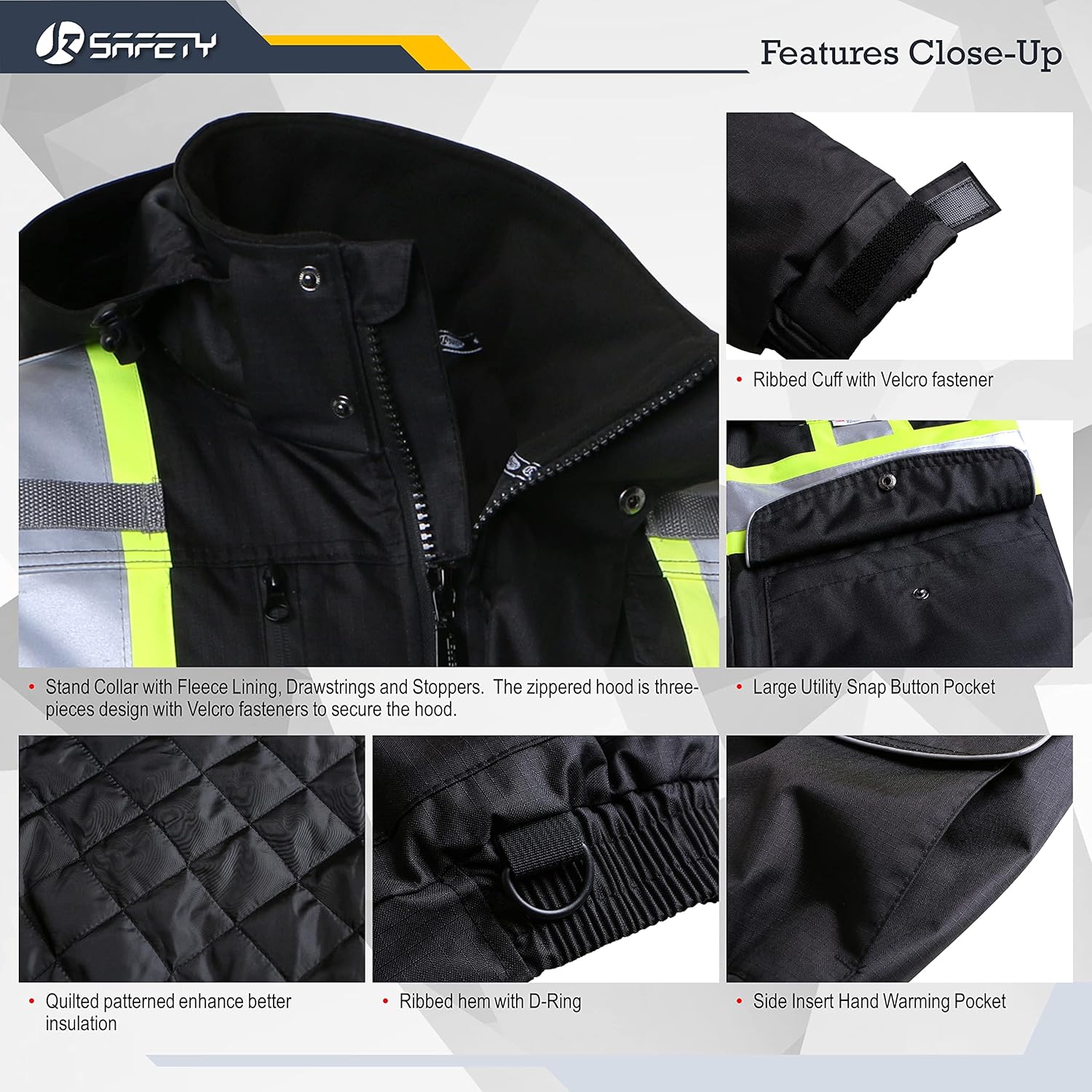 JKSafety Chaqueta bomber de invierno reflectante 3M impermeable de alta visibilidad con 10 bolsillos, color negro, bolsillo seguro para tableta,