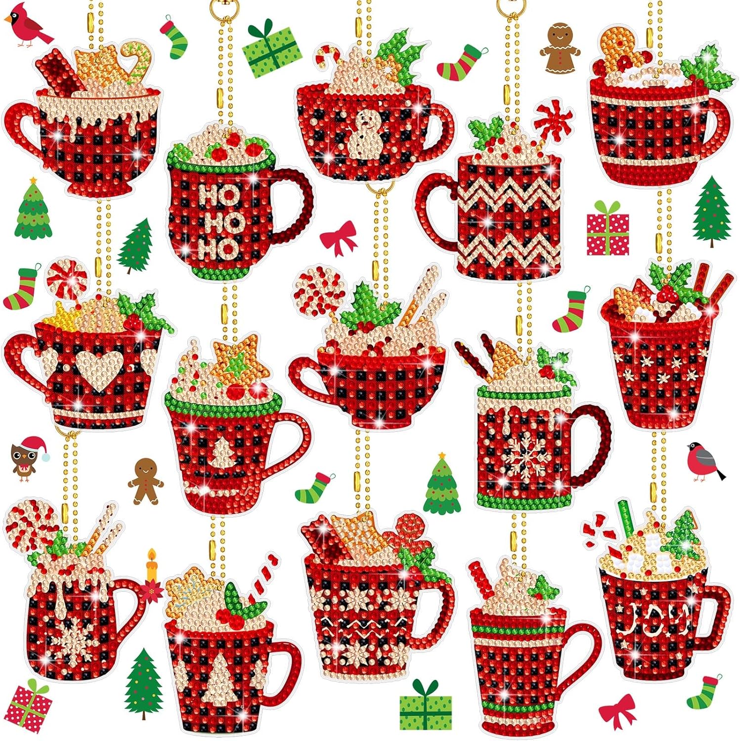 15 piezas de llavero de pintura de diamante de Navidad adornos de pintura de diamante 5D DIY llavero de pintura de diamante caliente cacao caliente