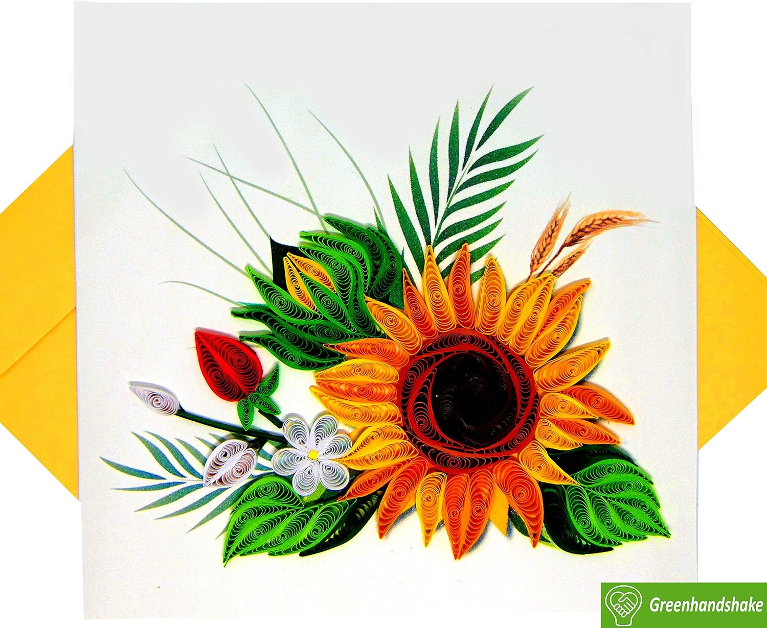 Greenhandshake Tarjeta Quilling de girasol, 6 x 6 pulgadas, patrón floral, color amarillo, para todas las ocasiones, incluye sobre