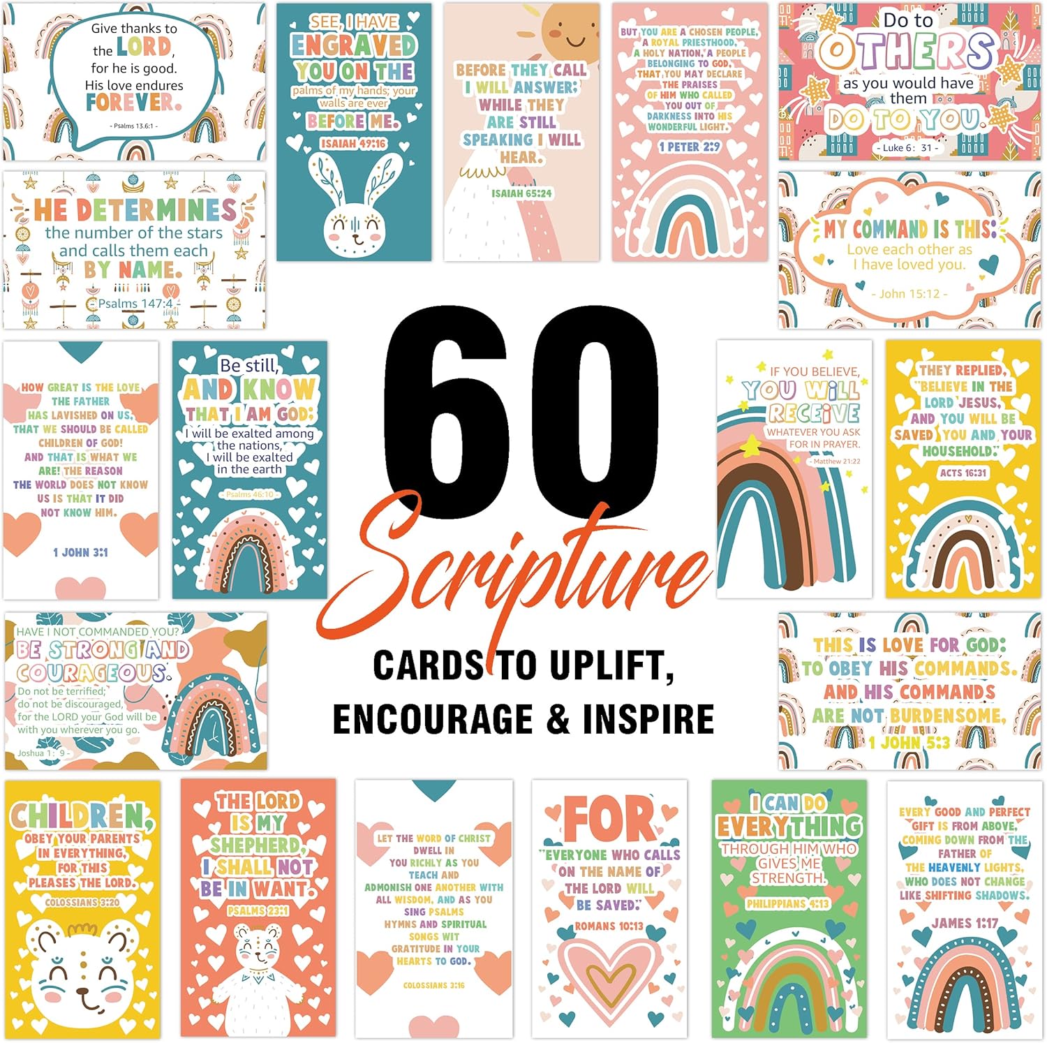 60 mini tarjetas de oración para niños con versículos bíblicos inspiradores surtidos, tarjetas de aliento religioso, tarjetas de escritura para