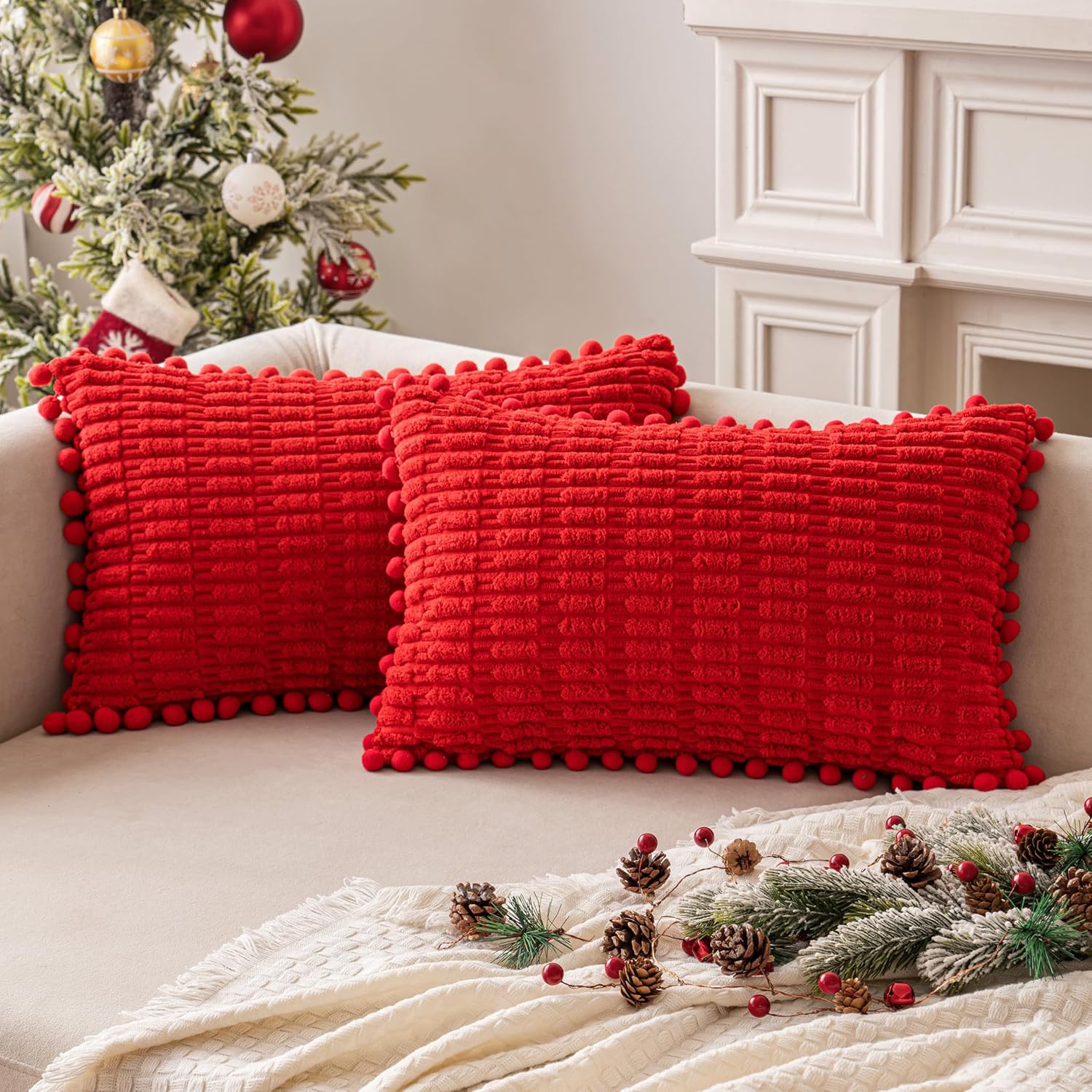 MIULEE Juego de 2 fundas de almohada decorativas de pana roja, con pompones, suaves, bohemias, a rayas, modernas, para decoración del hogar, para