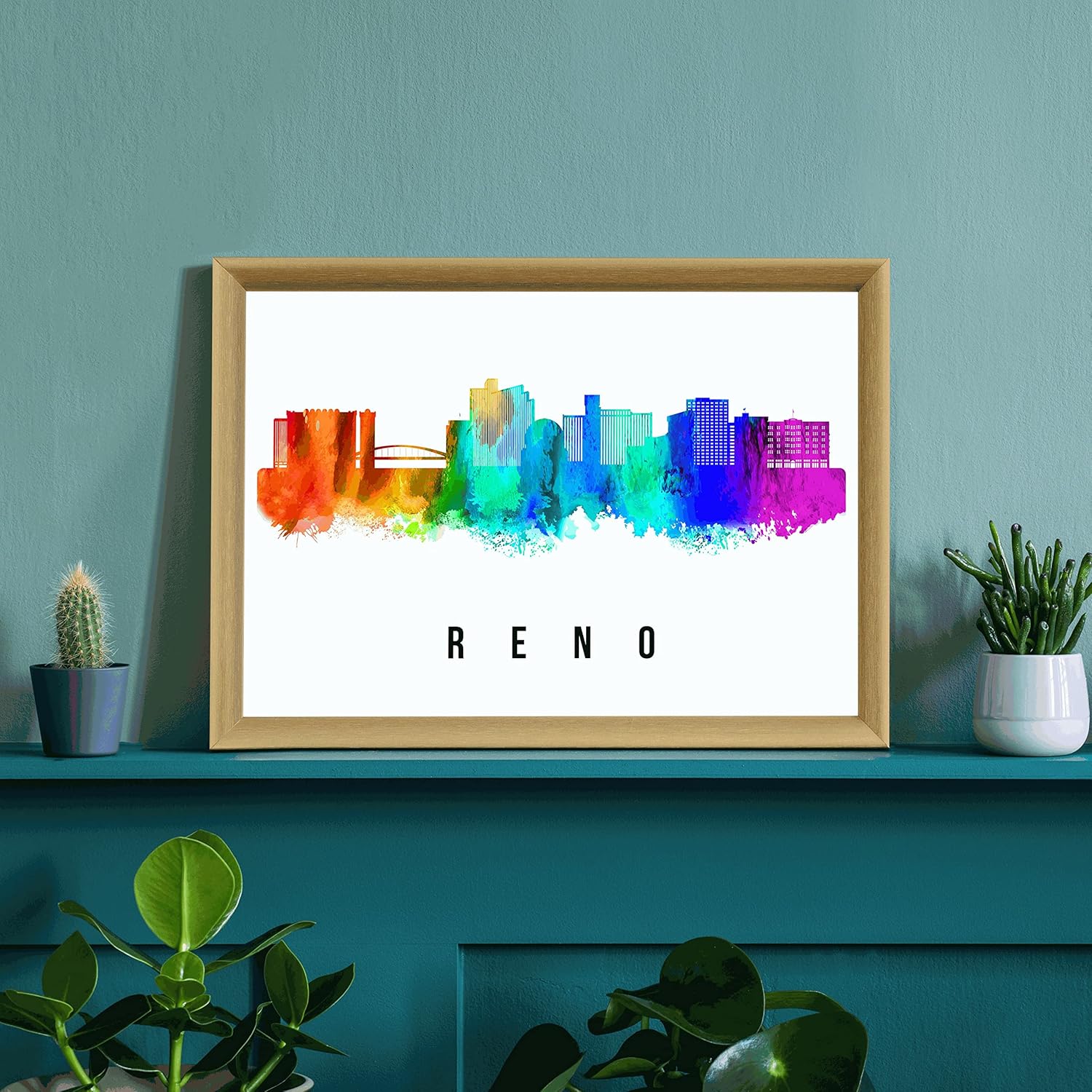Póster de Reno Skyline Nevada, pintura de paisaje urbano de Reno, póster de Reno Nevada, impresión de paisaje urbano de Nevada y monumentos, arte de