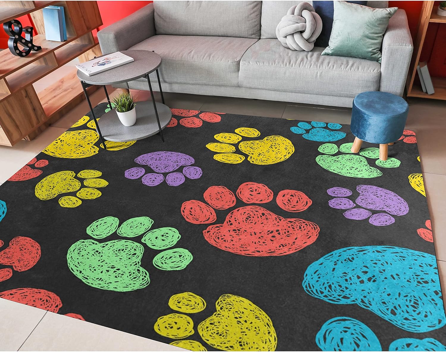 ALAZA Alfombra antideslizante con estampado de huellas de patas, de 4 x 5 pies, para sala de estar, comedor, dormitorio, cocina, pasillo, oficina,