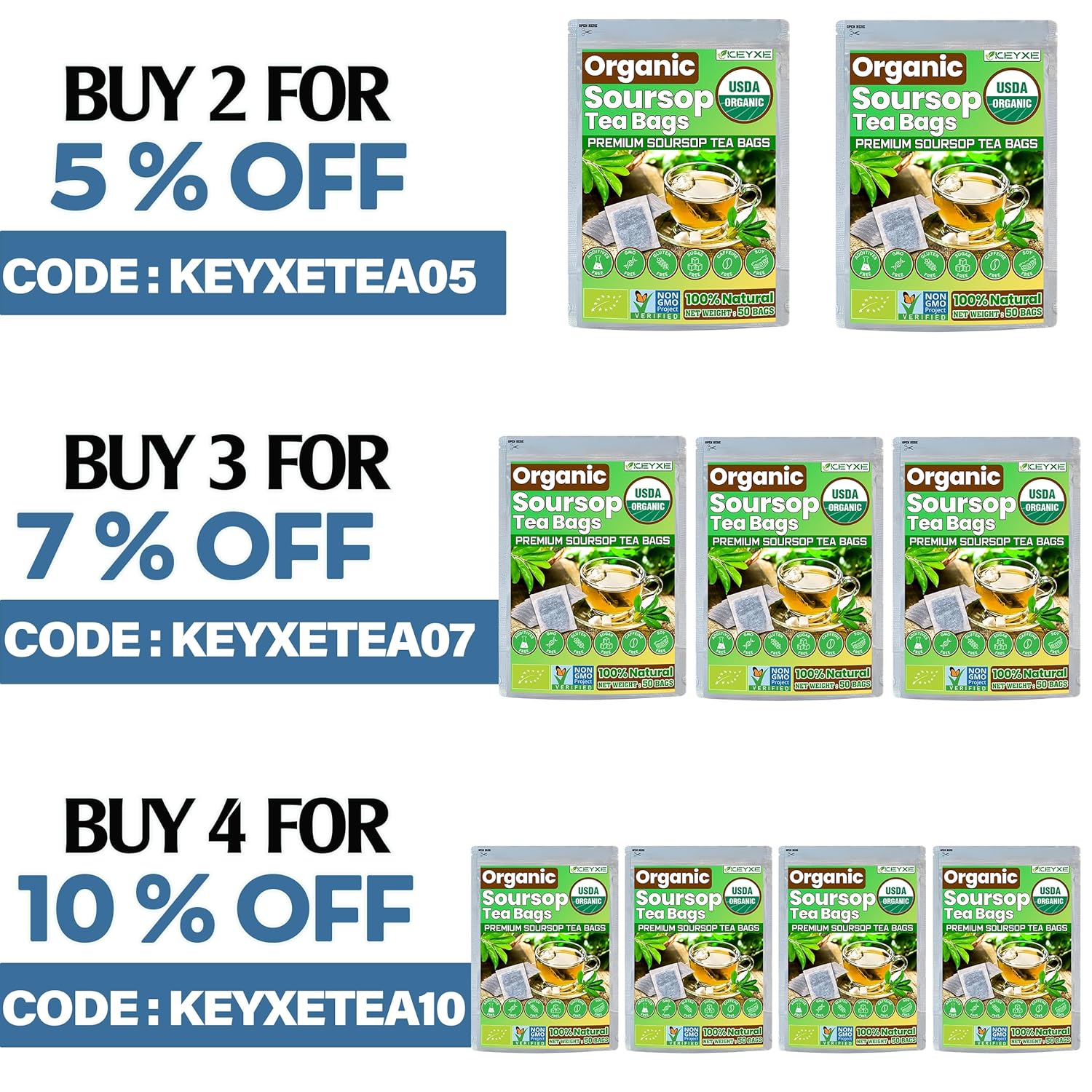 KEYXE Té de guanábana certificado orgánico por USDA y verificado sin OMG, 50 bolsas de té de guanábana hechas a mano con 100% hoja de guanábana, sin