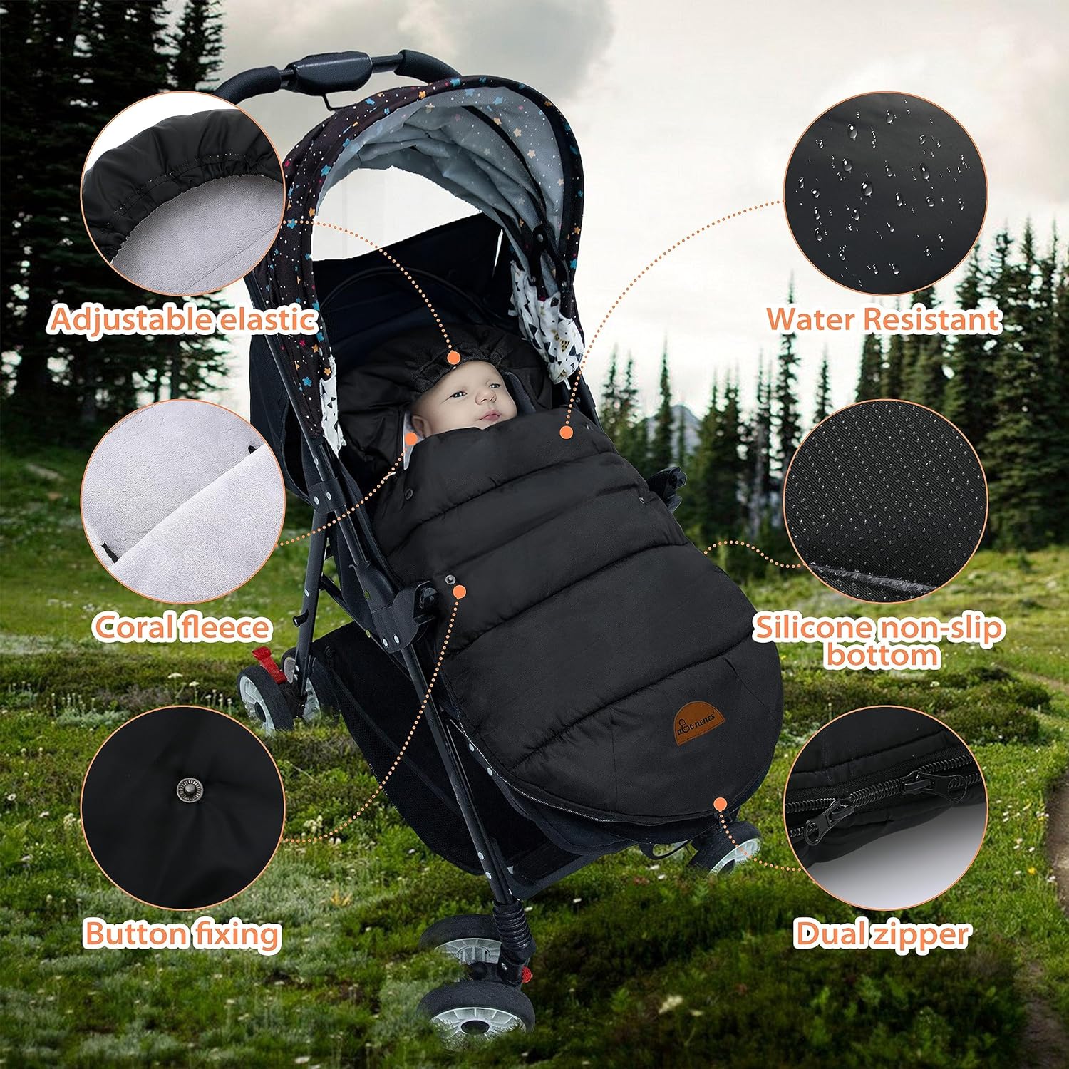 Saco de dormir universal para cochecito de invierno al aire libre, bolsa de banderines con capucha resistente al viento y al agua, funda de asiento