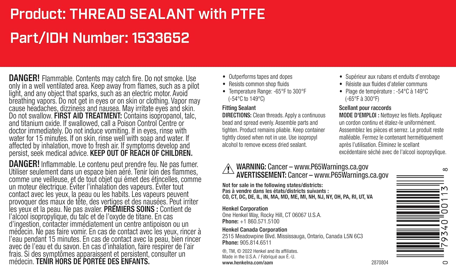 Loctite 1533652 Tapón de cepillo sellador de rosca con PTFE, 16 oz.