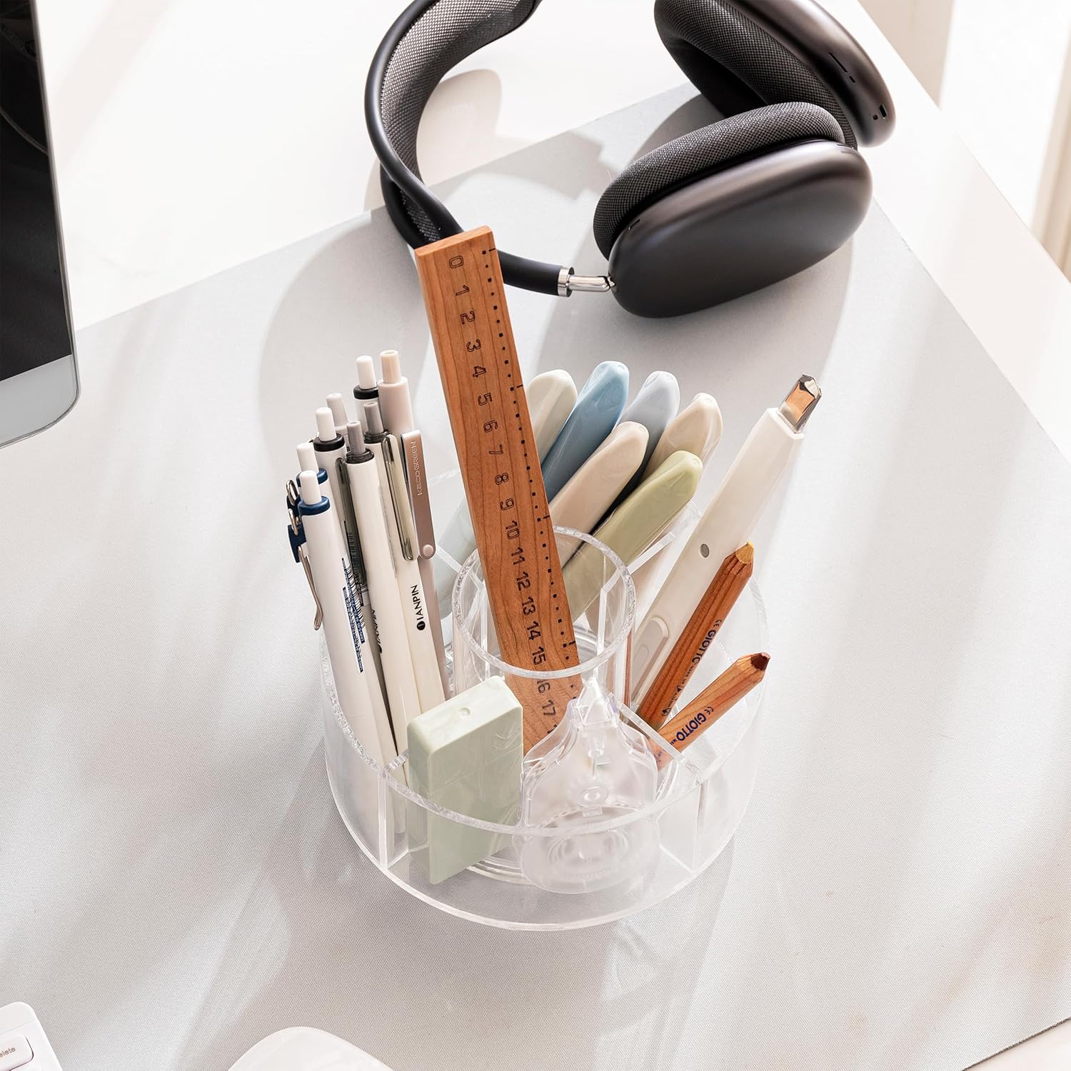 HBlife Portalápices de acrílico para escritorio, 5 ranuras organizadores y accesorios giratorios de 360 grados, almacenamiento de lápices de