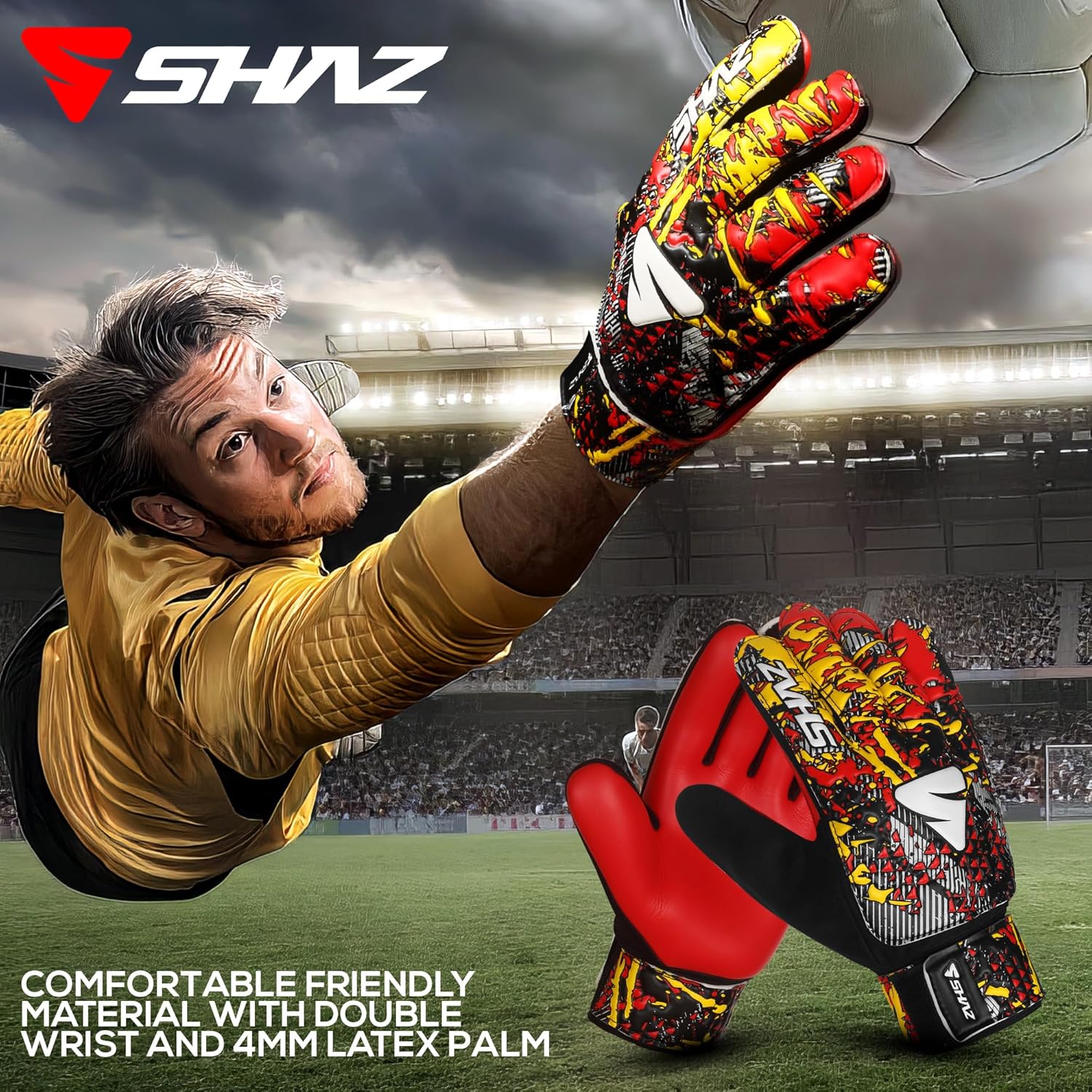 Shaz Guantes de portero de fútbol para niños y jóvenes, guantes de portero de fútbol Funky antideslizantes de 0.157 in con palma de látex con agarre