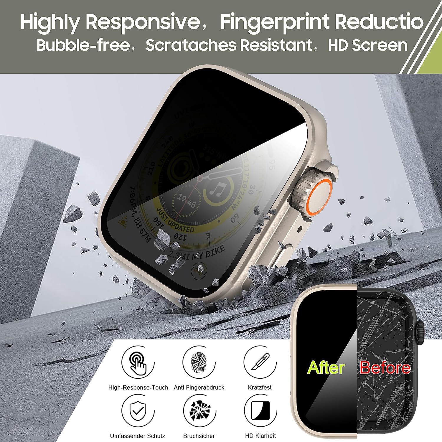 Paquete de 2 fundas protectoras de pantalla de privacidad para Apple Watch de 1.772 pulgadas (1.772 in), antimiradas, funda de vidrio templado para