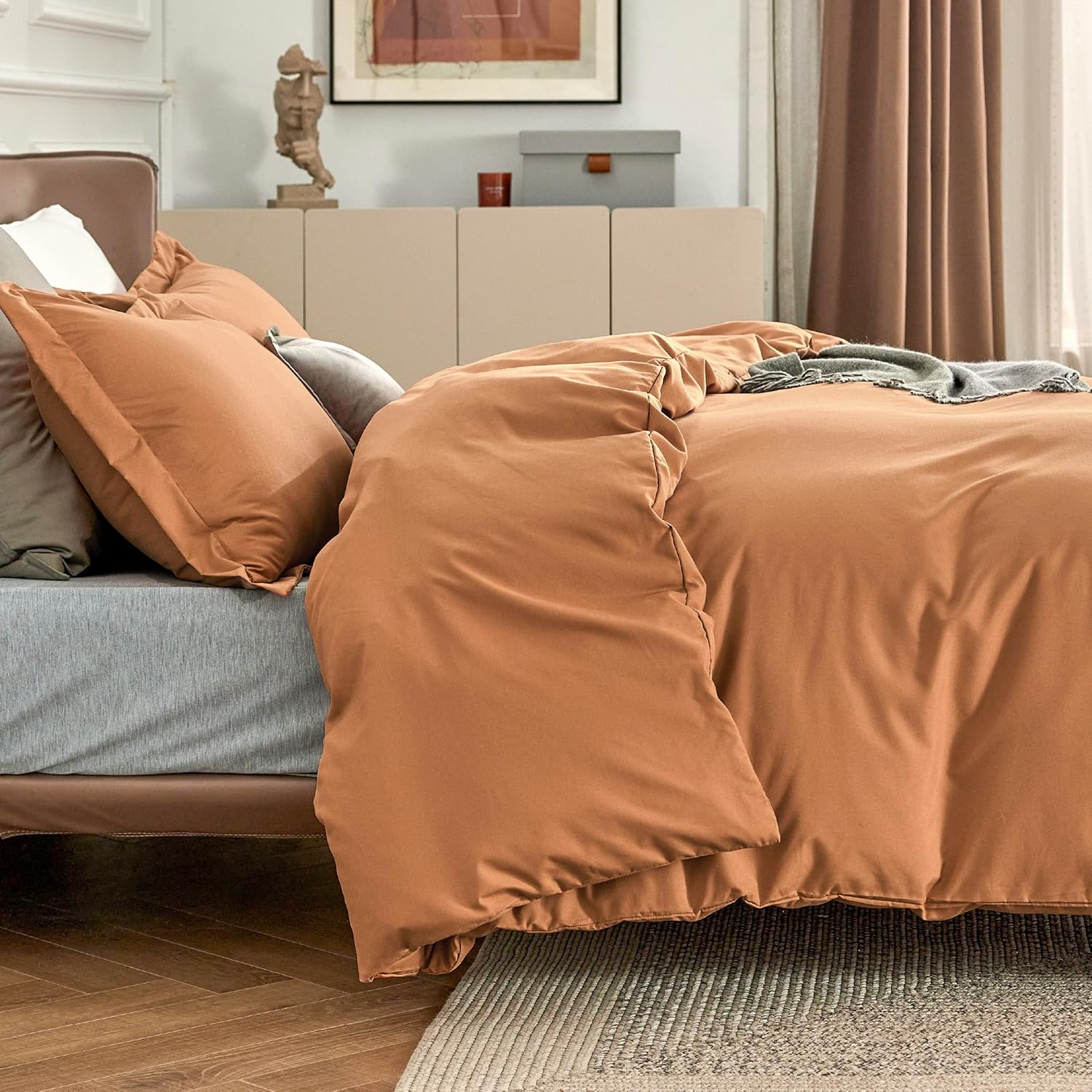 Bedsure Funda de edredón individual o individual XL, suave microfibra cepillada, niños, 2 piezas 1 funda de edredón color naranja quemado (68 x 90
