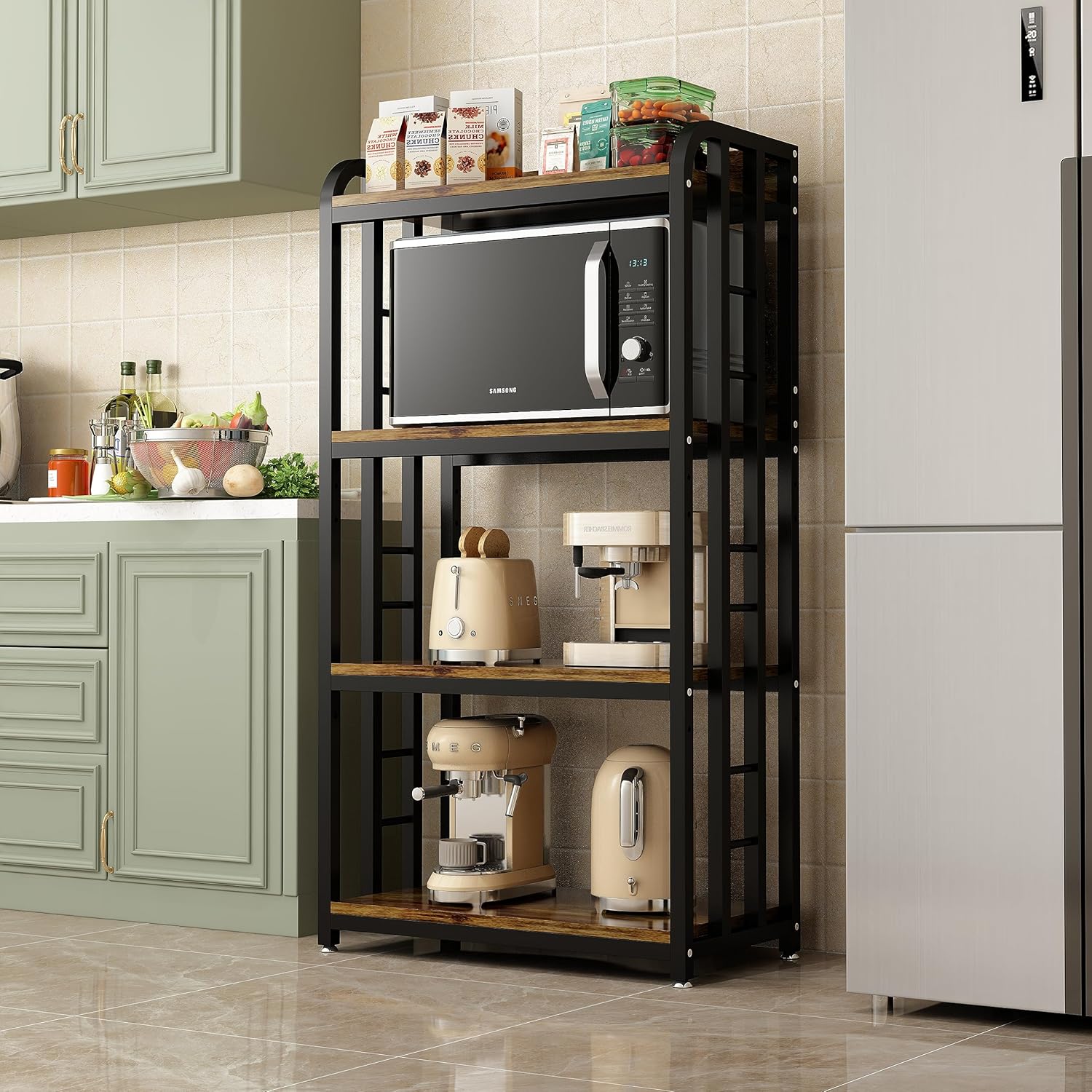 Estante de cocina de 4 niveles con ruedas giratorias, soporte para carrito de horno de microondas, unidad de almacenamiento ajustable, estante