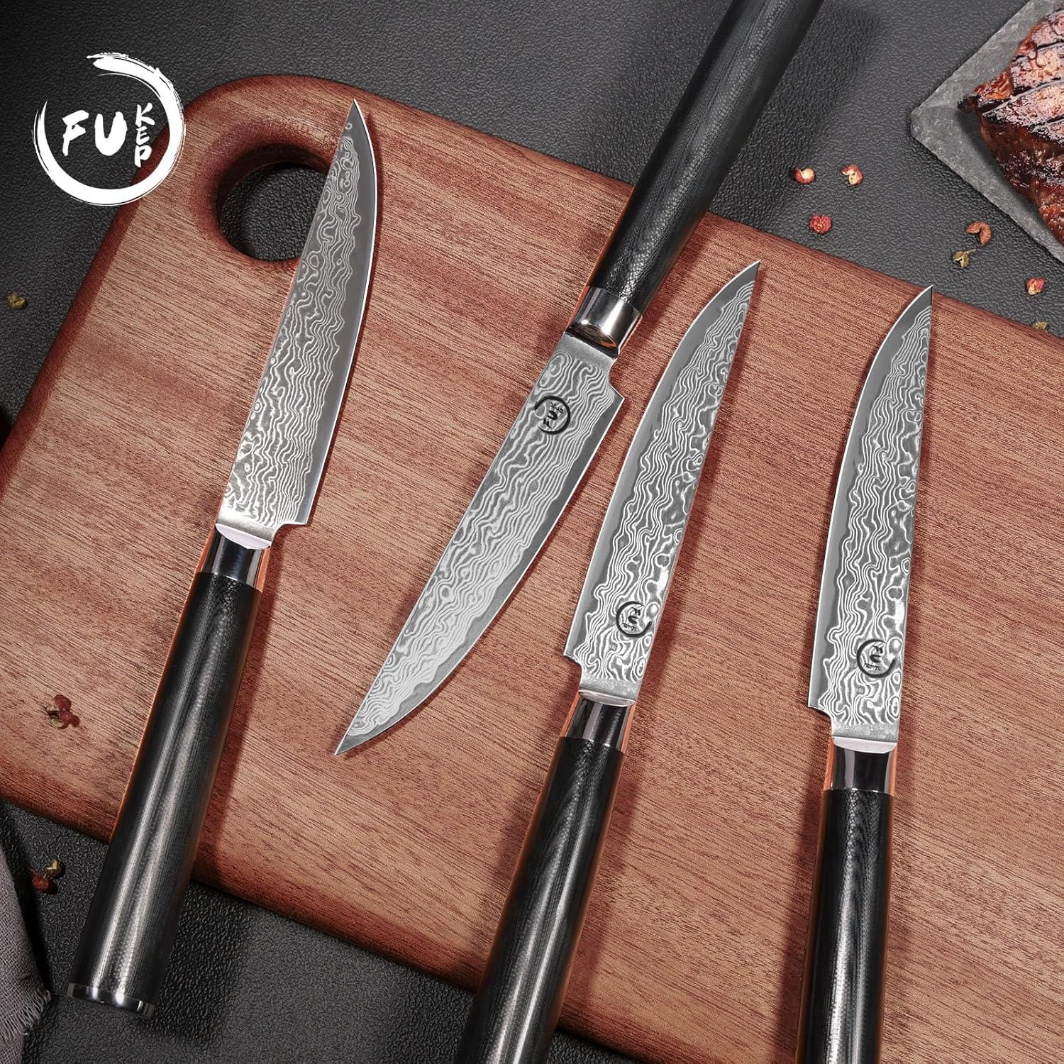 Fukep Juego de 4 cuchillos para carne, súper afilados de 5 pulgadas, juego de cuchillos de carne de damasco japoneses VG10 con núcleo de acero de 73