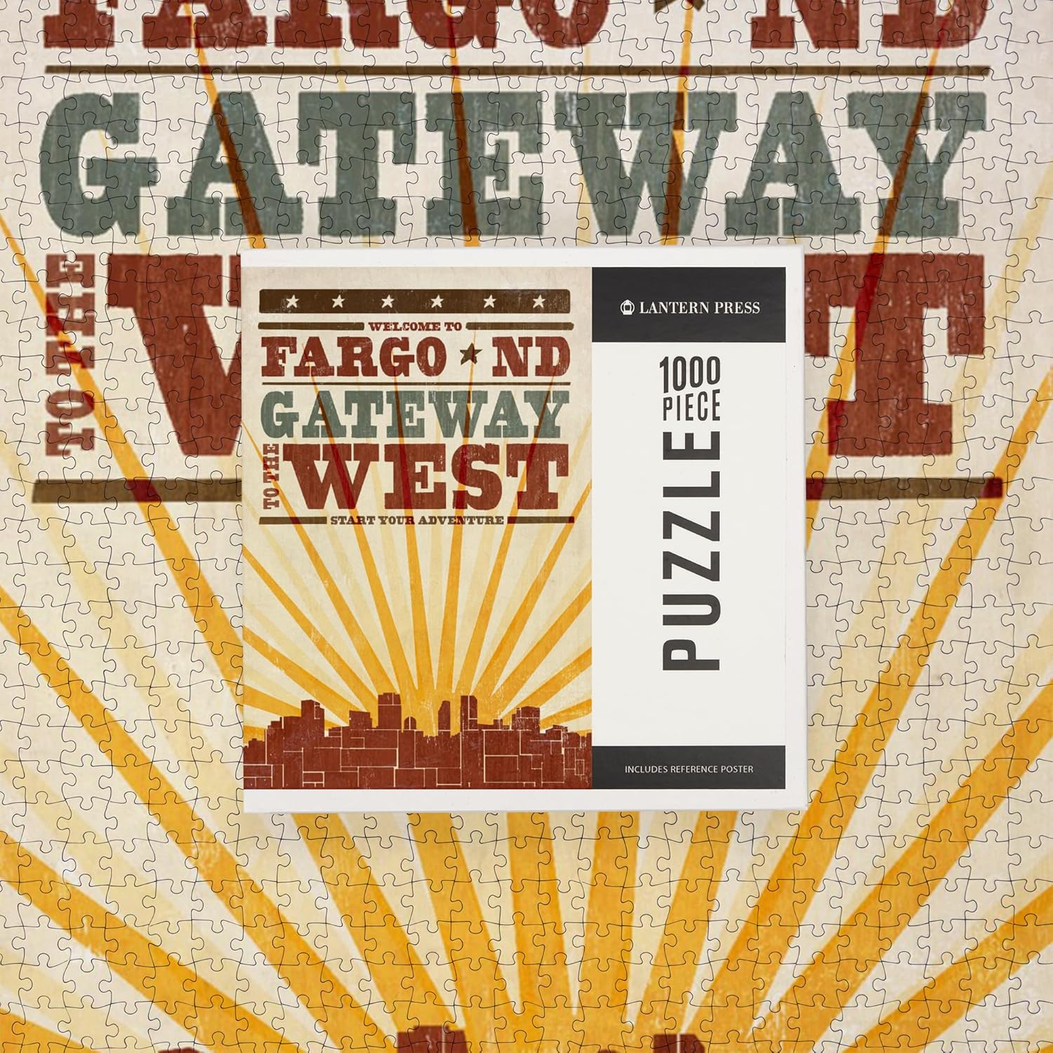 Fargo, Dakota del Norte, Skyline y Sunburst estilo serigrafiado (rompecabezas de 1000 piezas, tamaño 19 x 27, rompecabezas desafiante para adultos y
