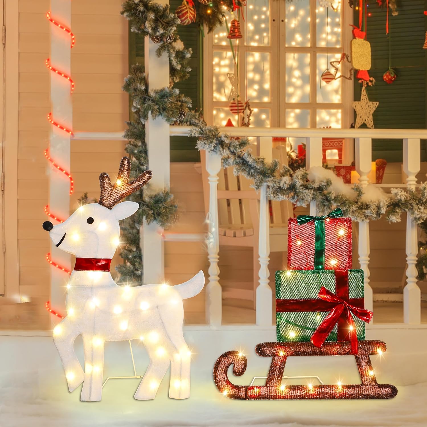 Joliyoou Decoración de Navidad 2D para patio, juego de 3 renos preiluminados con 60 luces LED blancas cálidas para puerta delantera de Navidad,