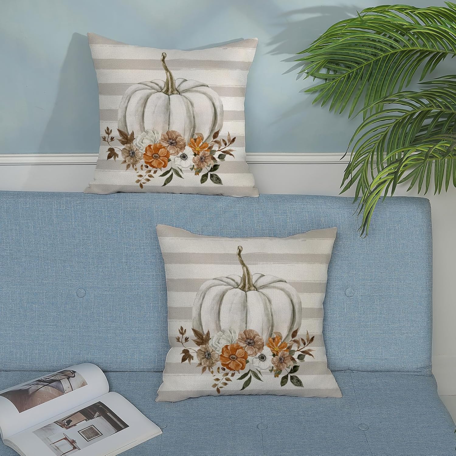Fundas de almohada de otoño de 18 x 18 pulgadas, paquete de 2 fundas de almohada decorativas de otoño con flores y rayas, funda de cojín decorativa