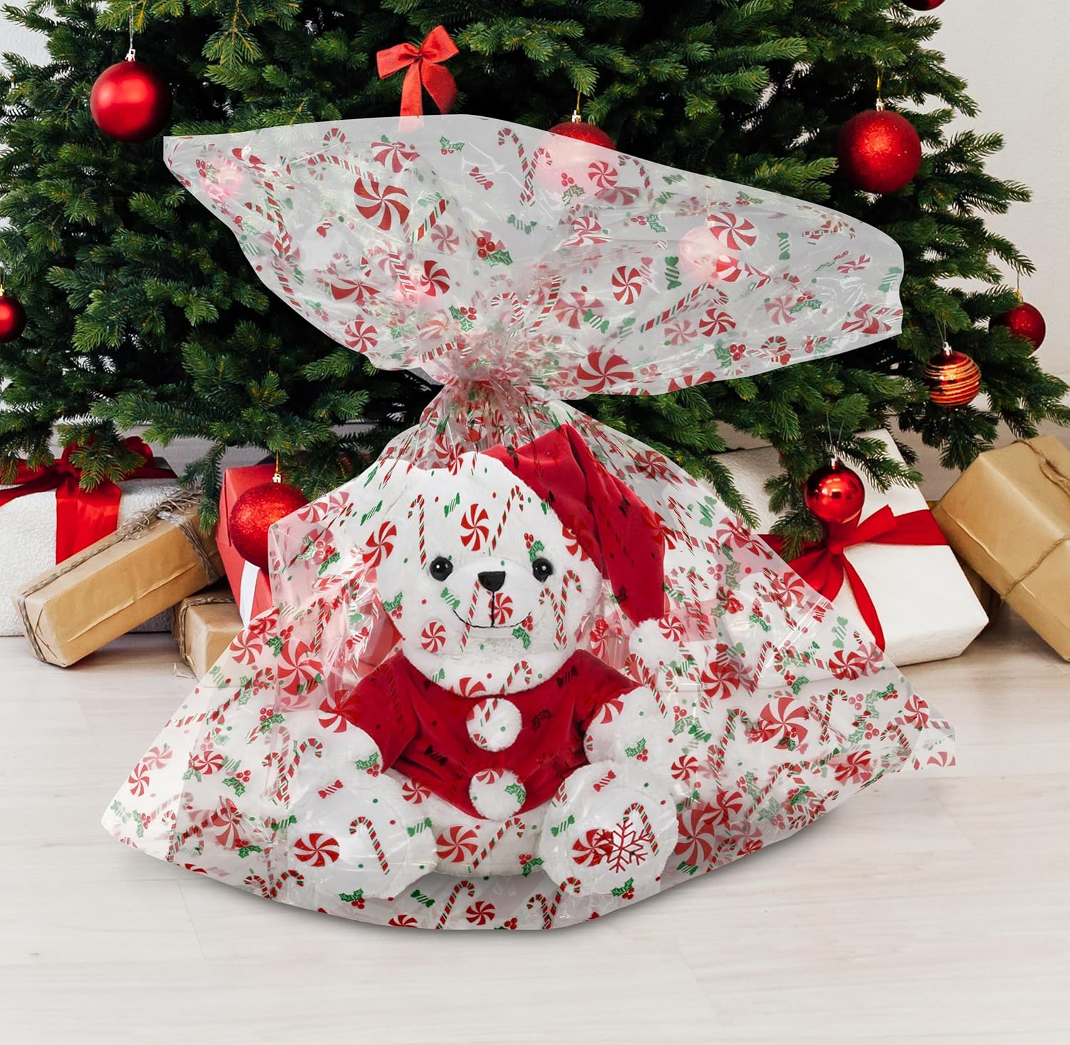 Gift Boutique Bolsas de plástico de celofán de Navidad con lazos giratorios, paquete de 24 bolsas de celofán para galletas de Navidad, bolsas de