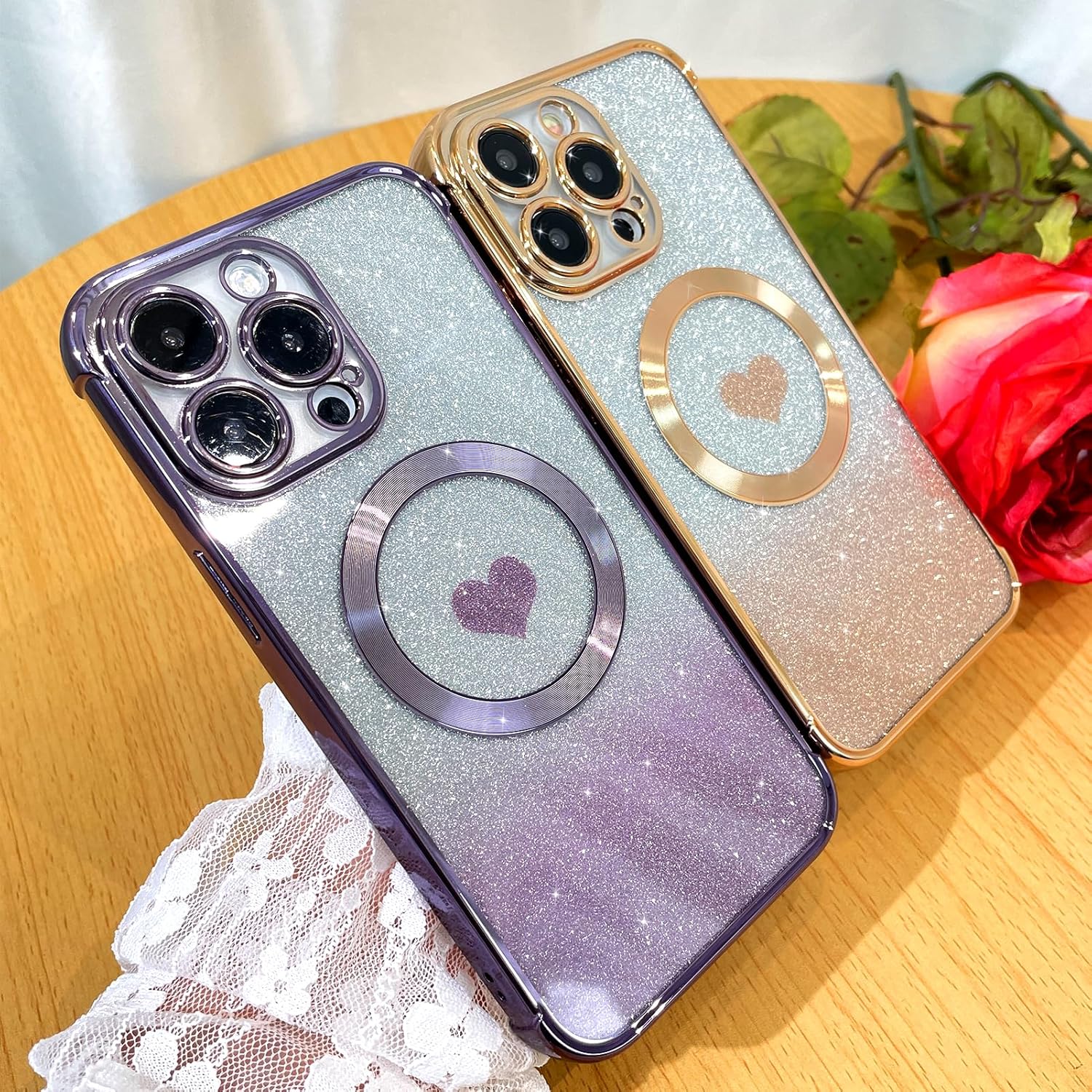 Bonoma Purpurina magnética para iPhone 15 Pro Max compatible con MagSafe , funda transparente de lujo con diseño de corazón de amor, protección de