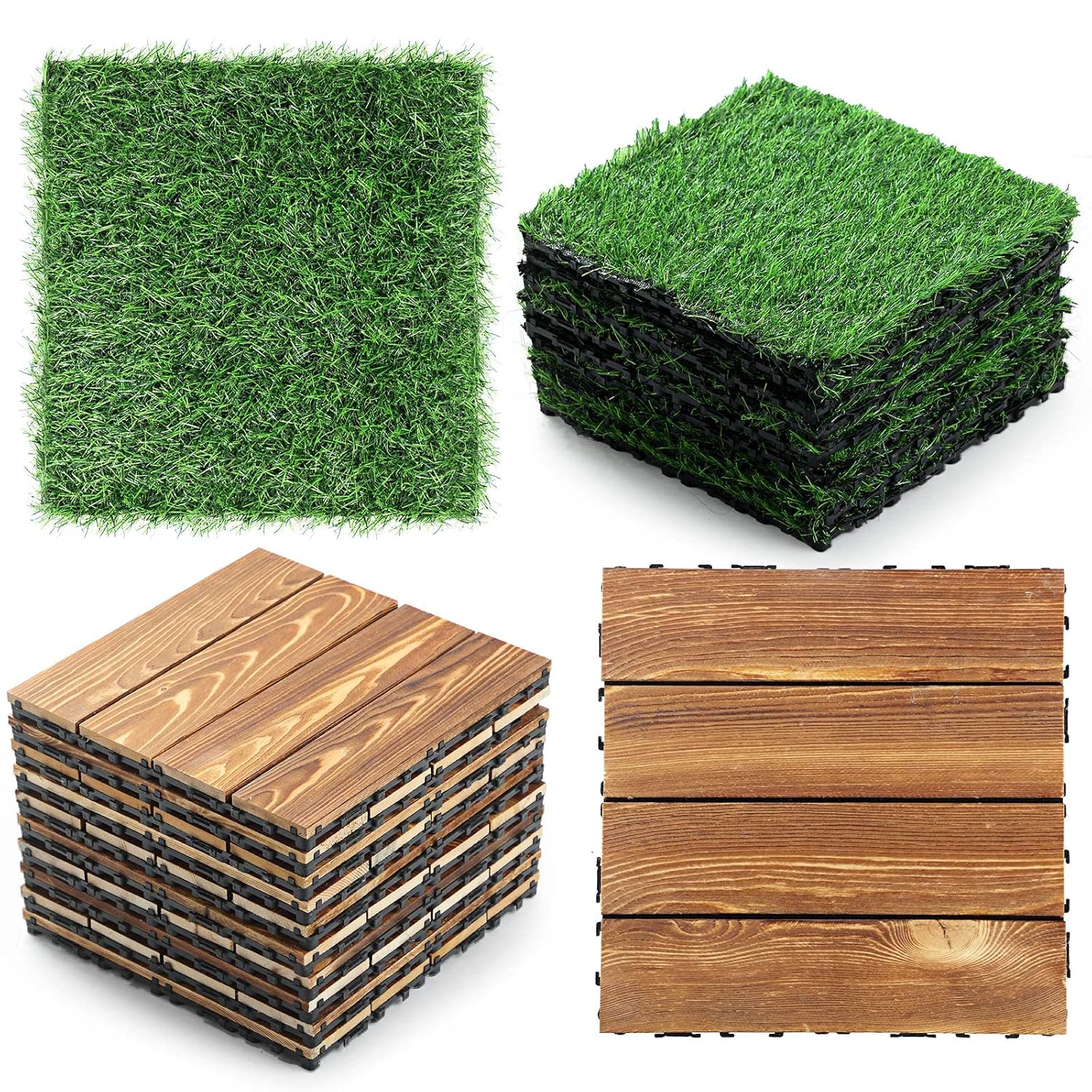24 azulejos de madera dura entrelazados para patio y césped artificial, baldosas de madera impermeables, azulejos de césped entrelazados para