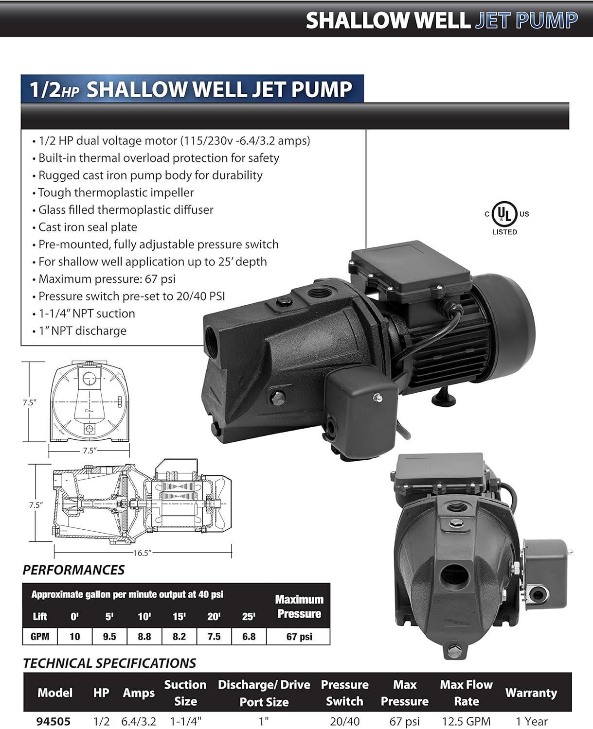 Superior Pump Bomba de chorro de pozo poco profundo de hierro fundido 94505 12 HP