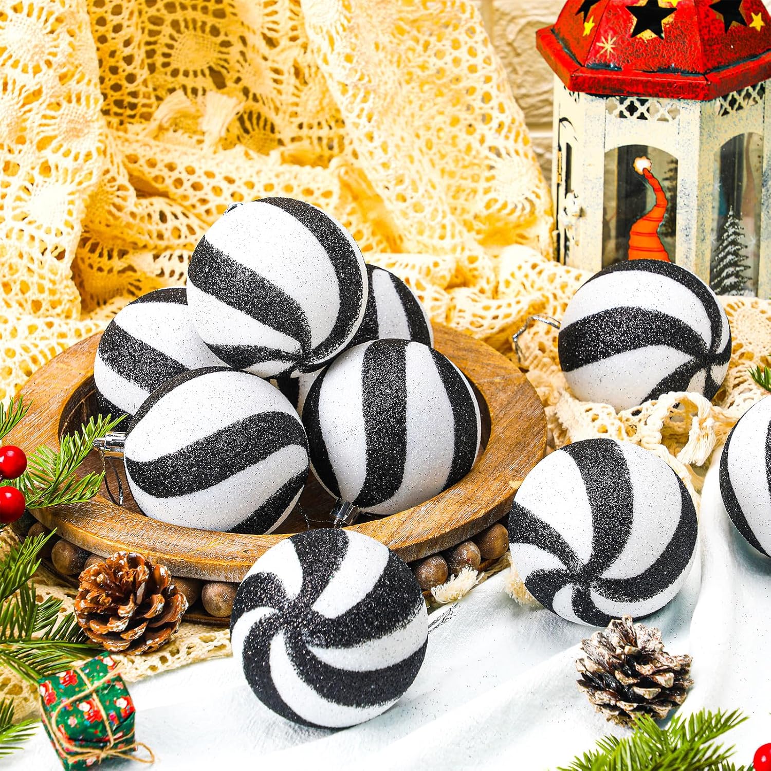 Liliful 12 bolas de Navidad de 3.15 pulgadas, con purpurina, decoración de árbol de Navidad, adornos de Navidad pintados de plástico, adornos para