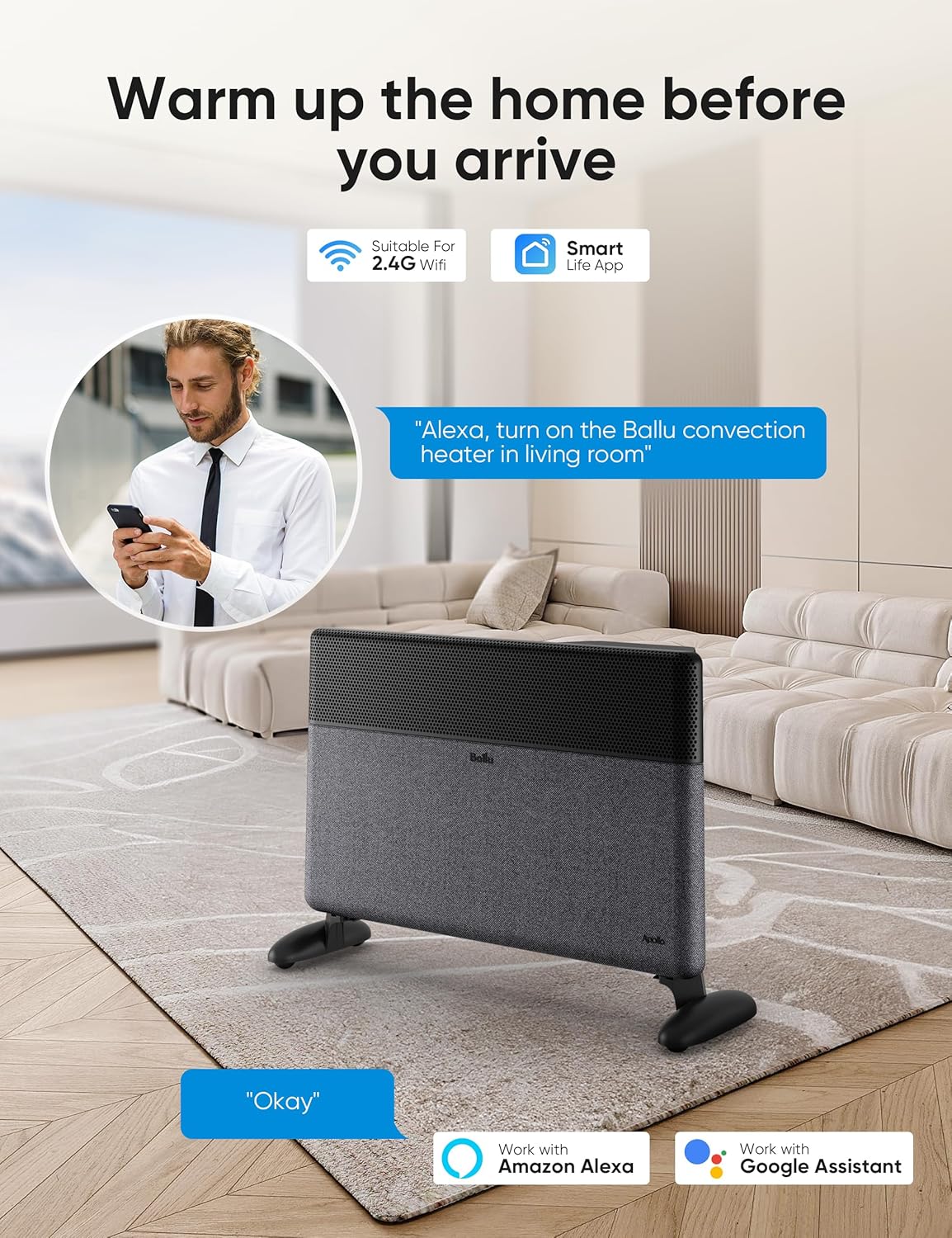 Ballu Calentadores de espacio con panel de convección para uso en interiores con termostato inteligente, temporizador de 24 horas, control WIFI y