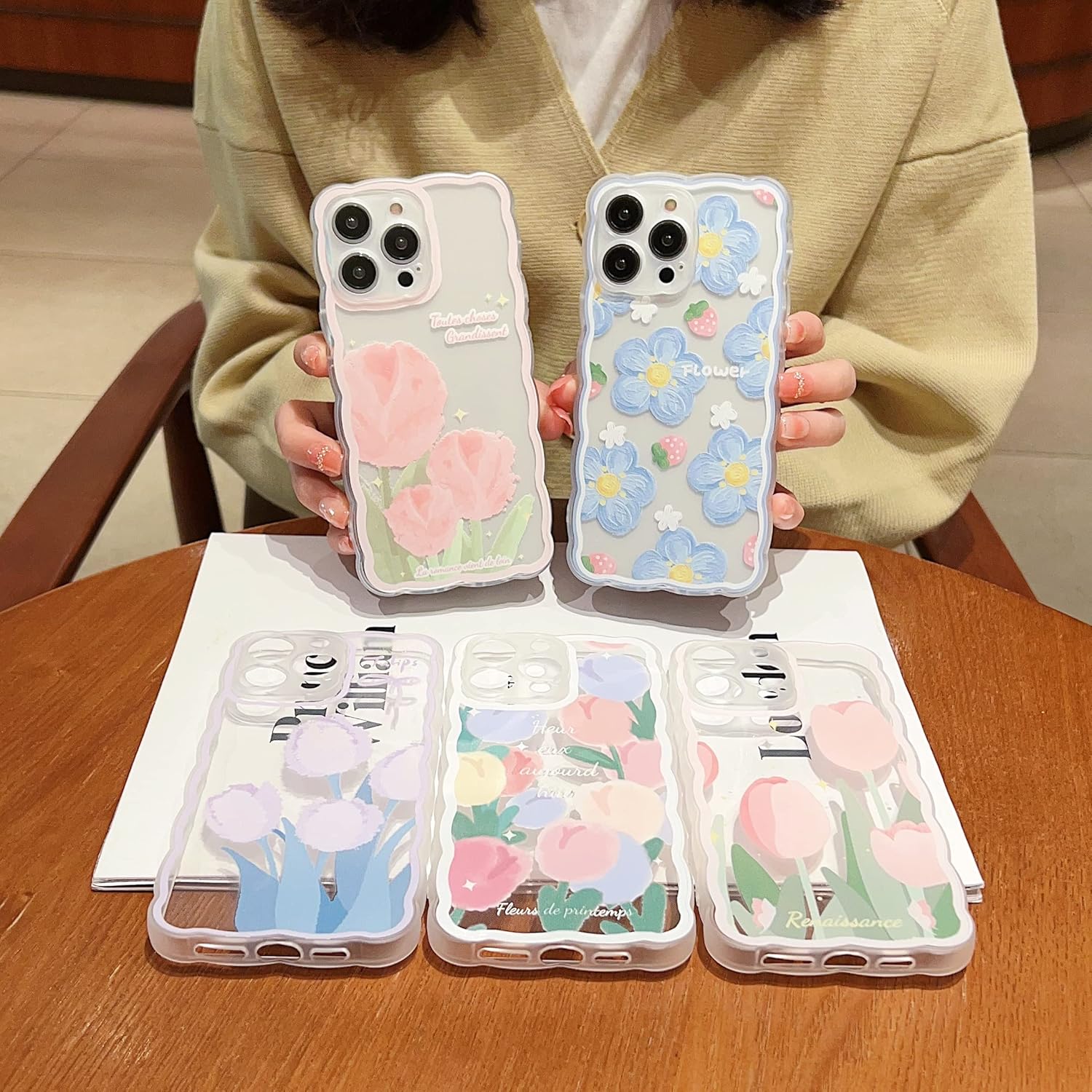 GUSDBSW Funda compatible con iPhone 15 Pro para mujeres y niñas, diseño de agarre ondulado de moda y patrón estético rizado, funda transparente de