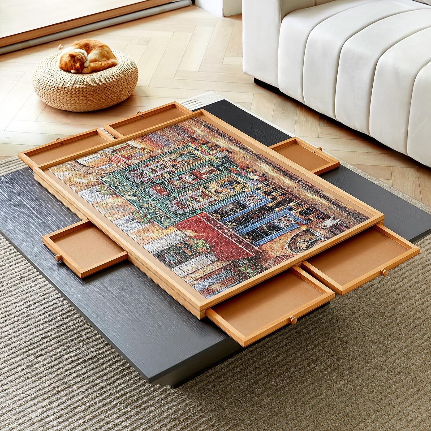 Mesa de rompecabezas de madera con 6 cajones y cubierta, tablero de rompecabezas portátil para adultos, mesa de rompecabezas de 30 x 21 pulgadas,