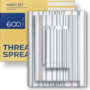 THREAD SPREAD Sábanas 100% algodón estampadas, 600 hilos, juego de sábanas de 4 piezas con puntos azules y grises a rayas, sábanas de satén de lujo THREAD SPREAD Sábanas 100% algodón estampadas, 600 hilos, juego de sábanas de 4 piezas con puntos azules y grises a rayas, sábanas de satén de lujo