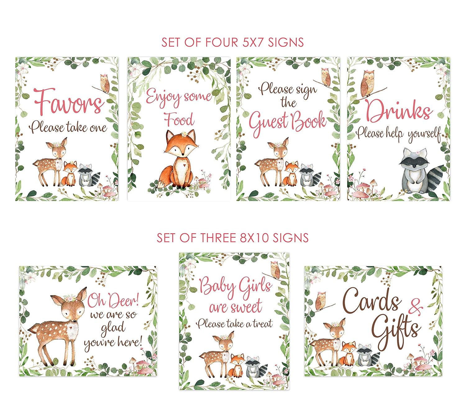 Set of 7 Woodland Baby shower signs, 5×7 and 8×10, woodland food, drinks, favors, welcome and guest book signs