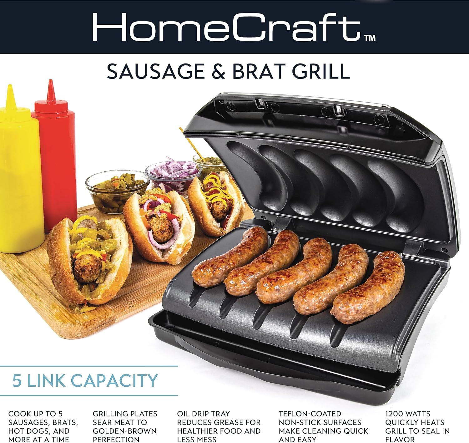 Homecraft – Parrilla eléctrica para salchichas y mocosos con bandeja de goteo de aceite, asa de transporte y almacenamiento de cables, hasta 5