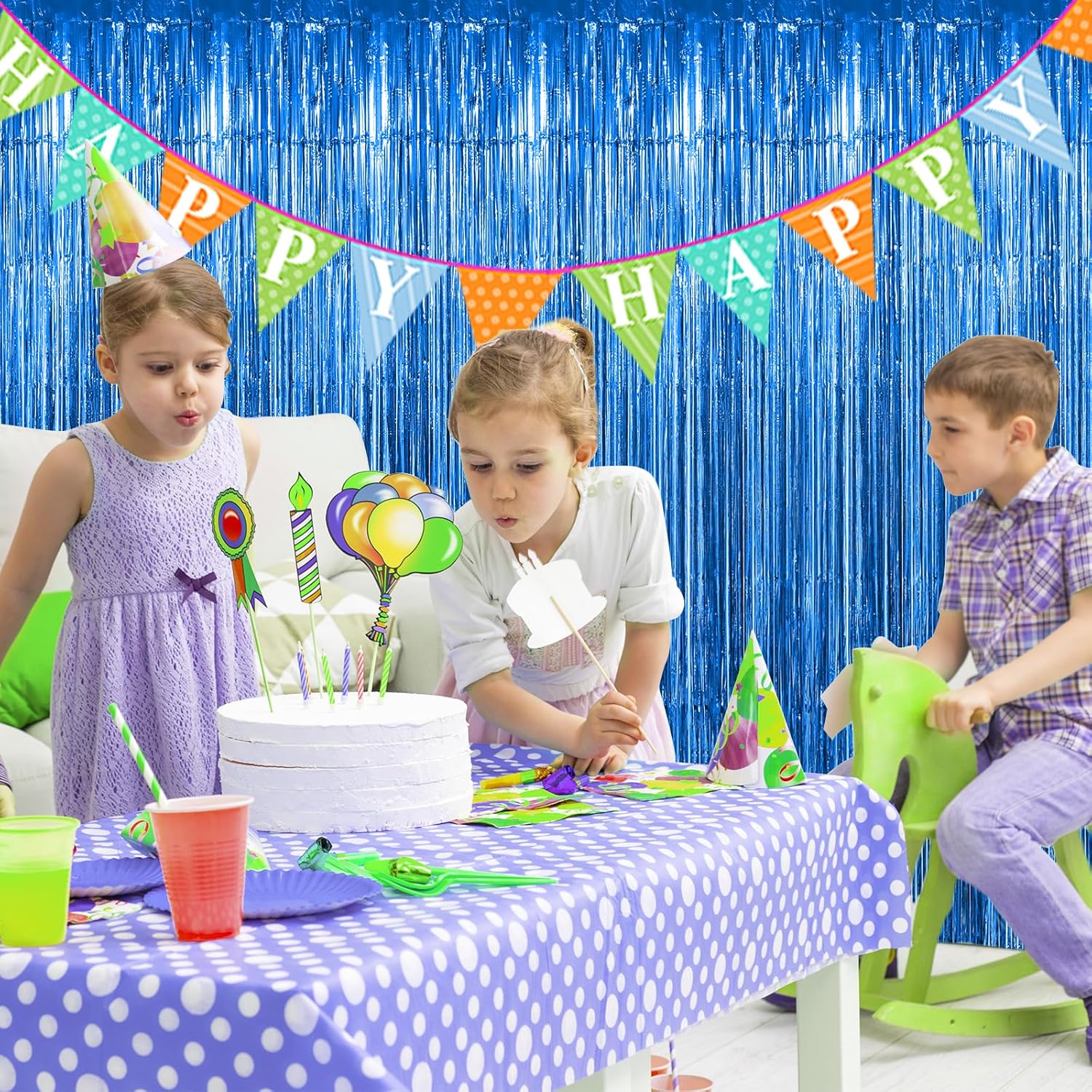 Cortinas de fondo de flecos de papel de aluminio azul, paquete de 3 unidades de 3.3 x 9.9 pies, cortina de oropel azul, decoración de fiesta, telón