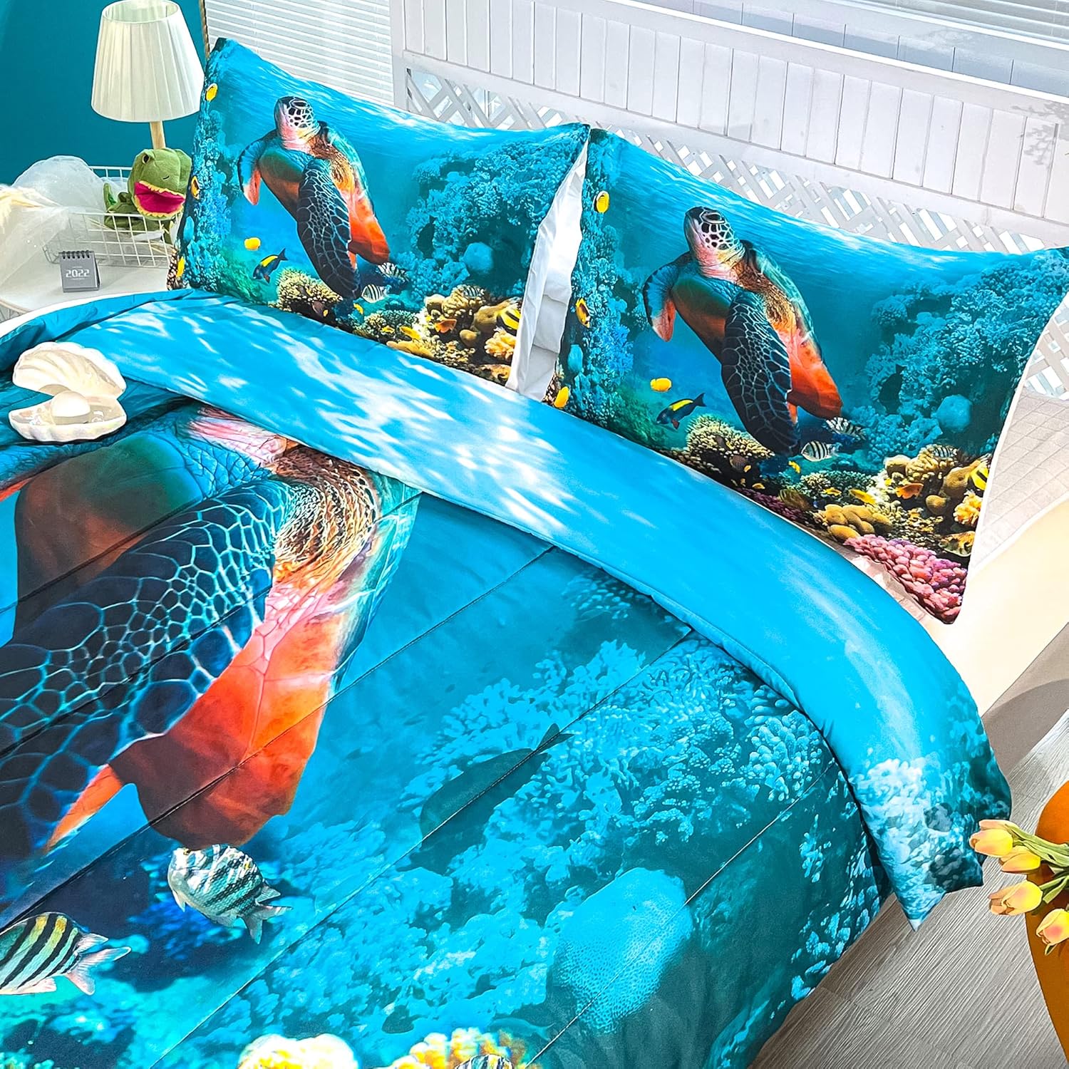 CVHOUSE Juego de ropa de cama de tortuga marina, edredón de tortuga marina, juego de edredón de playa oceánica para niños y niñas, juego de edredón