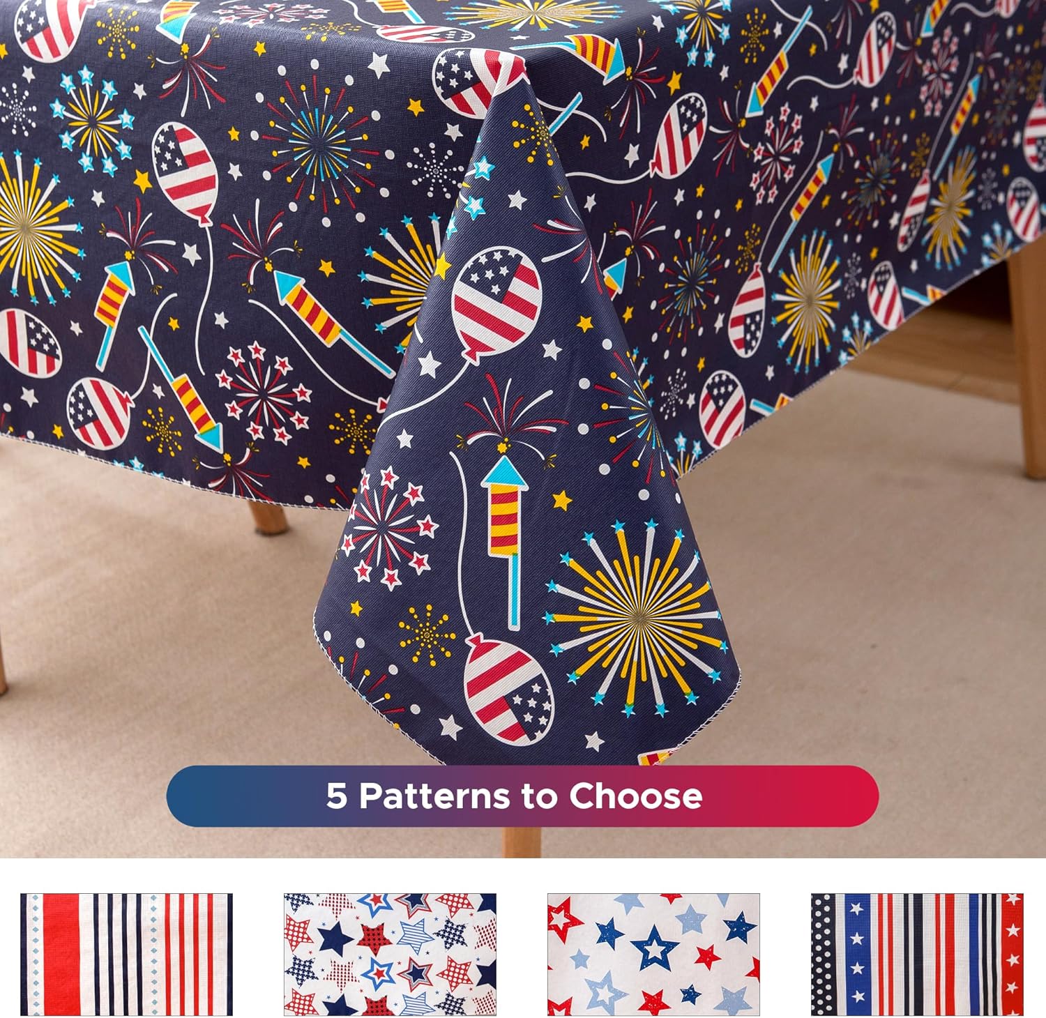 4th of July Table Cloth Vinyl Tablecloth 60×84 Inch Rectangular-Plastic Memorial Day Table Cover Printed with Fireworks and Balloons for Patriotic