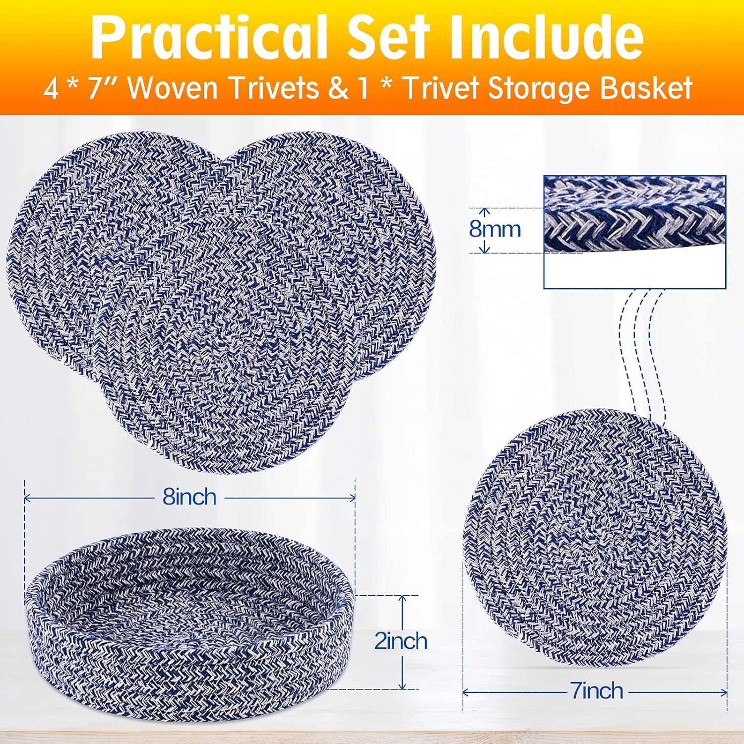 Juego de salvamanteles para ollas, 4 soportes para ollas de 7 pulgadas 100% algodón tejido y 1 paquete de cesta de almacenamiento tejida de cocina,