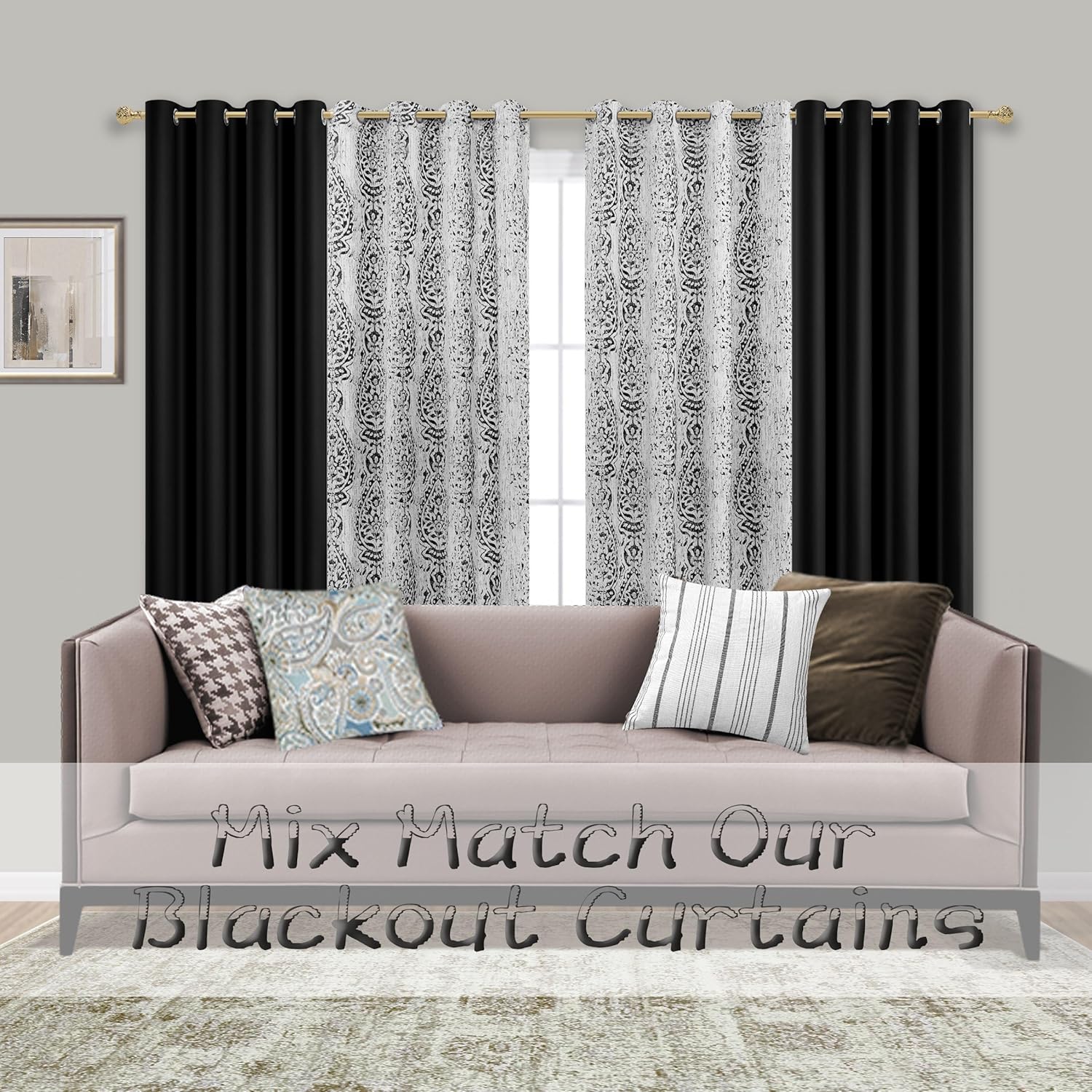 Mrs.Naturall Cortinas de sala de estar color crema negro y gris de 84 pulgadas de largo, con patrón de damasco con bloqueo de luz oscura,