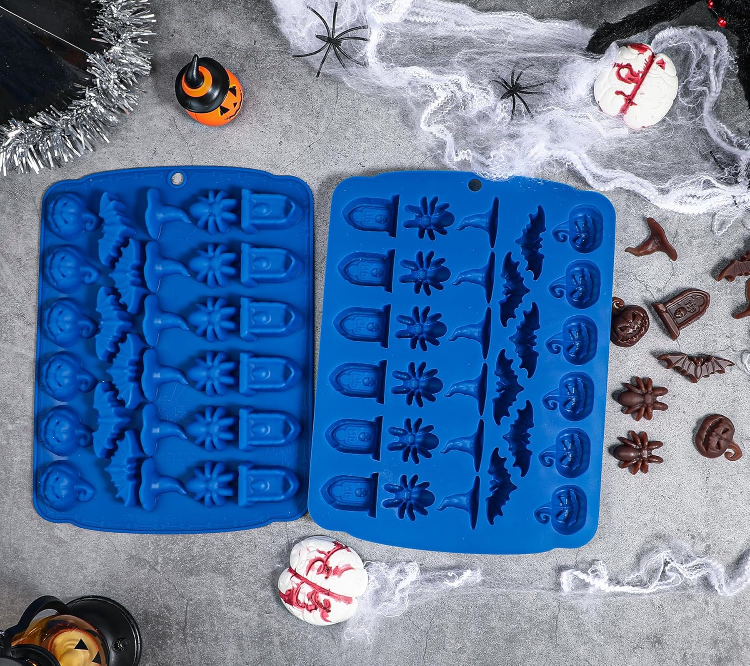 Moldes de dulces de Halloween, 2 piezas de 30 cavidades de Halloween de gomitas de chocolate, molde de silicona, azul