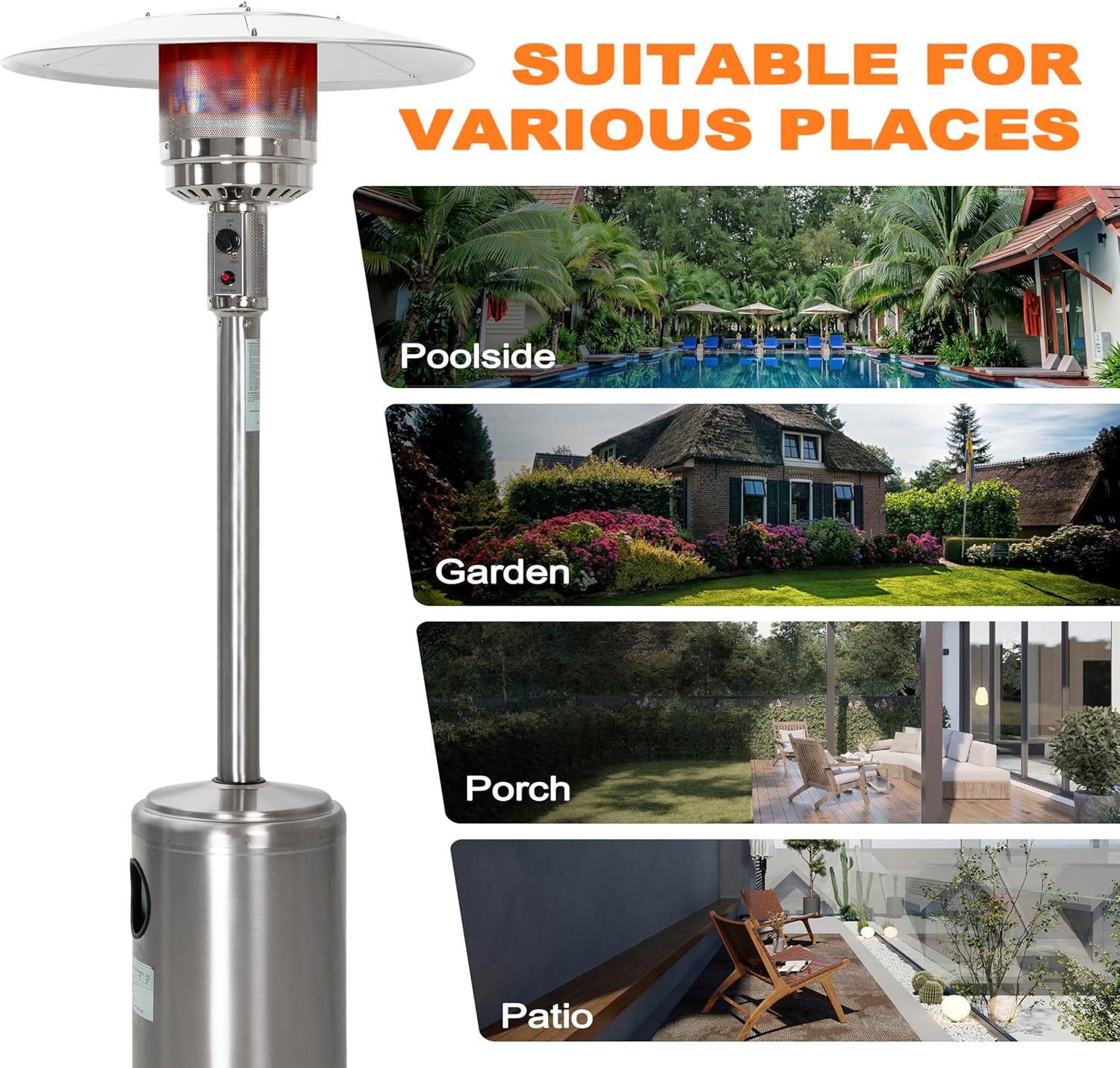 Nuu Garden Calentador de propano para exteriores, calentador de gas de 46,000 BTU para exteriores con ruedas, quemador de acero inoxidable con