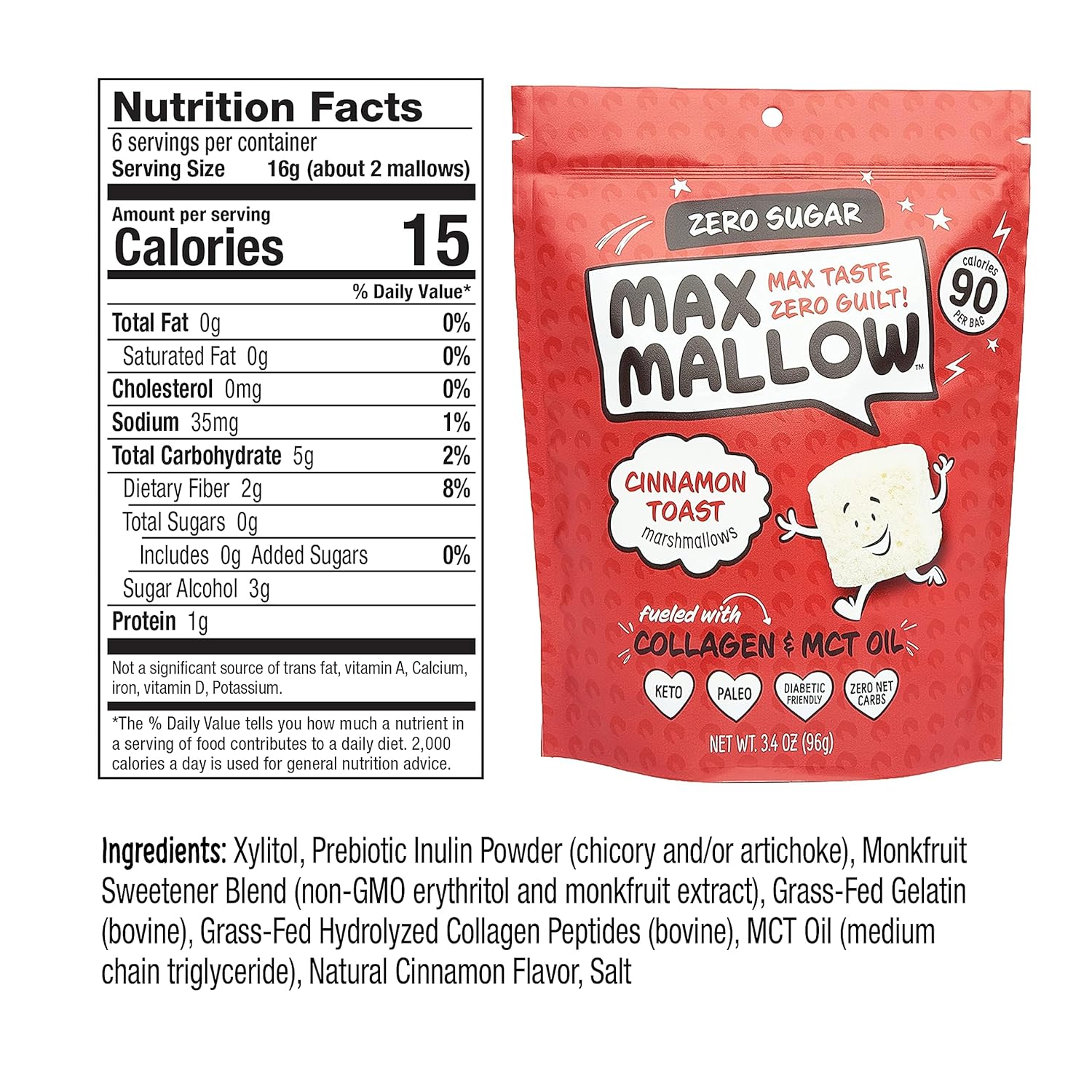 Know Brainer Max Mallow – Tostada de canela – Malvaviscos sin culpa y sin azúcar – Bajo en carbohidratos, cero grasas, sin gluten y cetogénico –