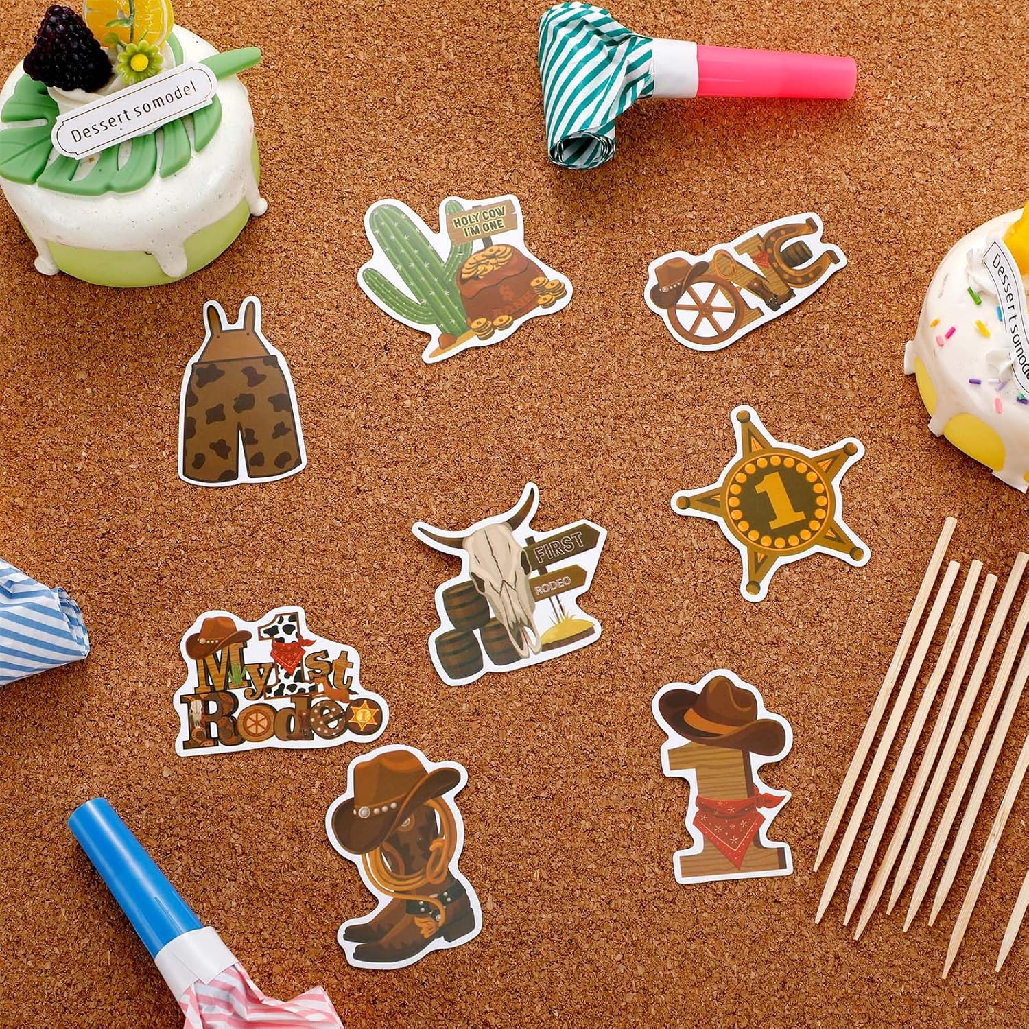 Suzile 48 piezas My 1st Rodeo Cake Topper Cowboy Cupcake Toppers Hat Boot Cow Skull Cactus Enterizo Bufanda Cowgirl Cake Decor para cumpleaños