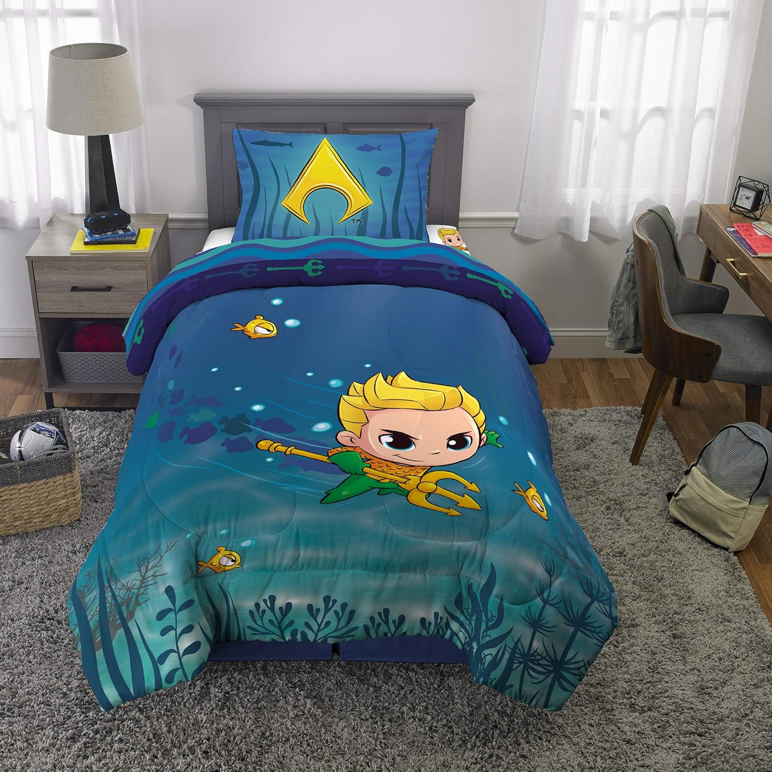 Aquaman – Juego de edredón y sábanas para niños, 4 piezas, tamaño individual, por Franco