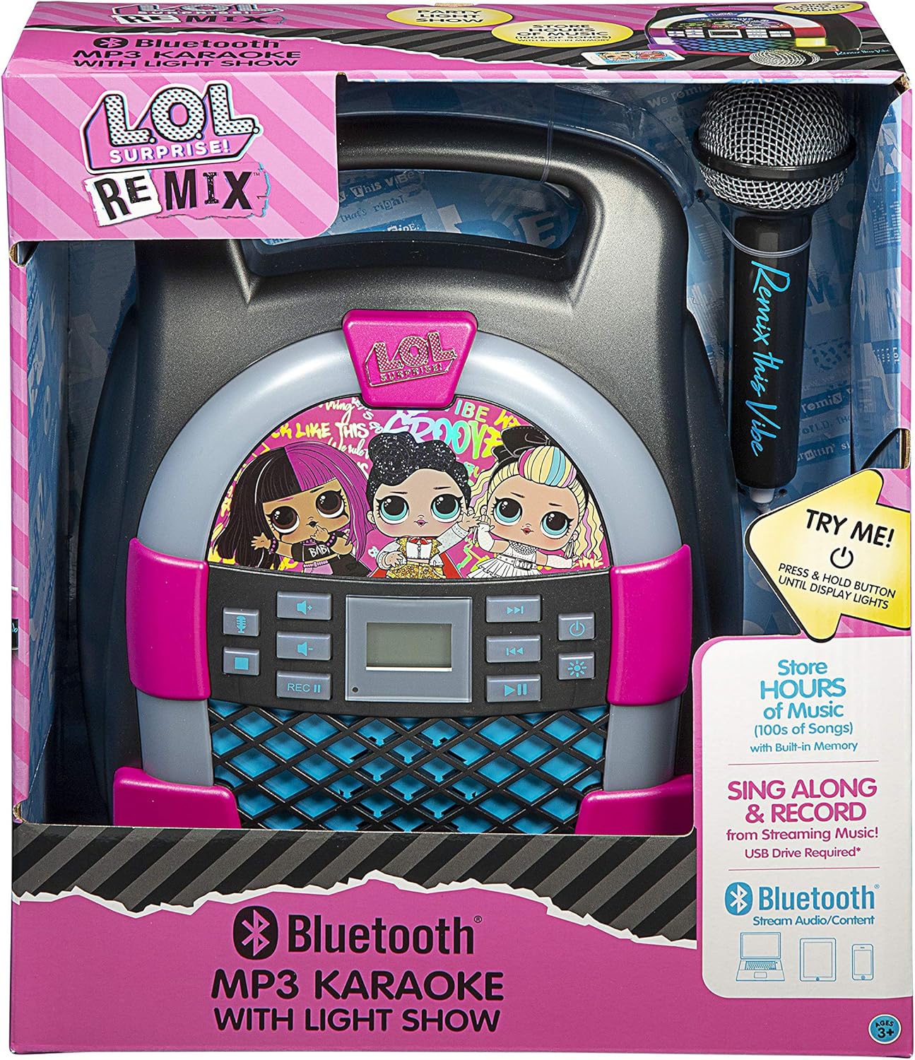 Remix OMG Máquina de karaoke Bluetooth Reproductor de MP3 portátil con espectáculo de luces LED de discoteca, almacena horas de música con memoria