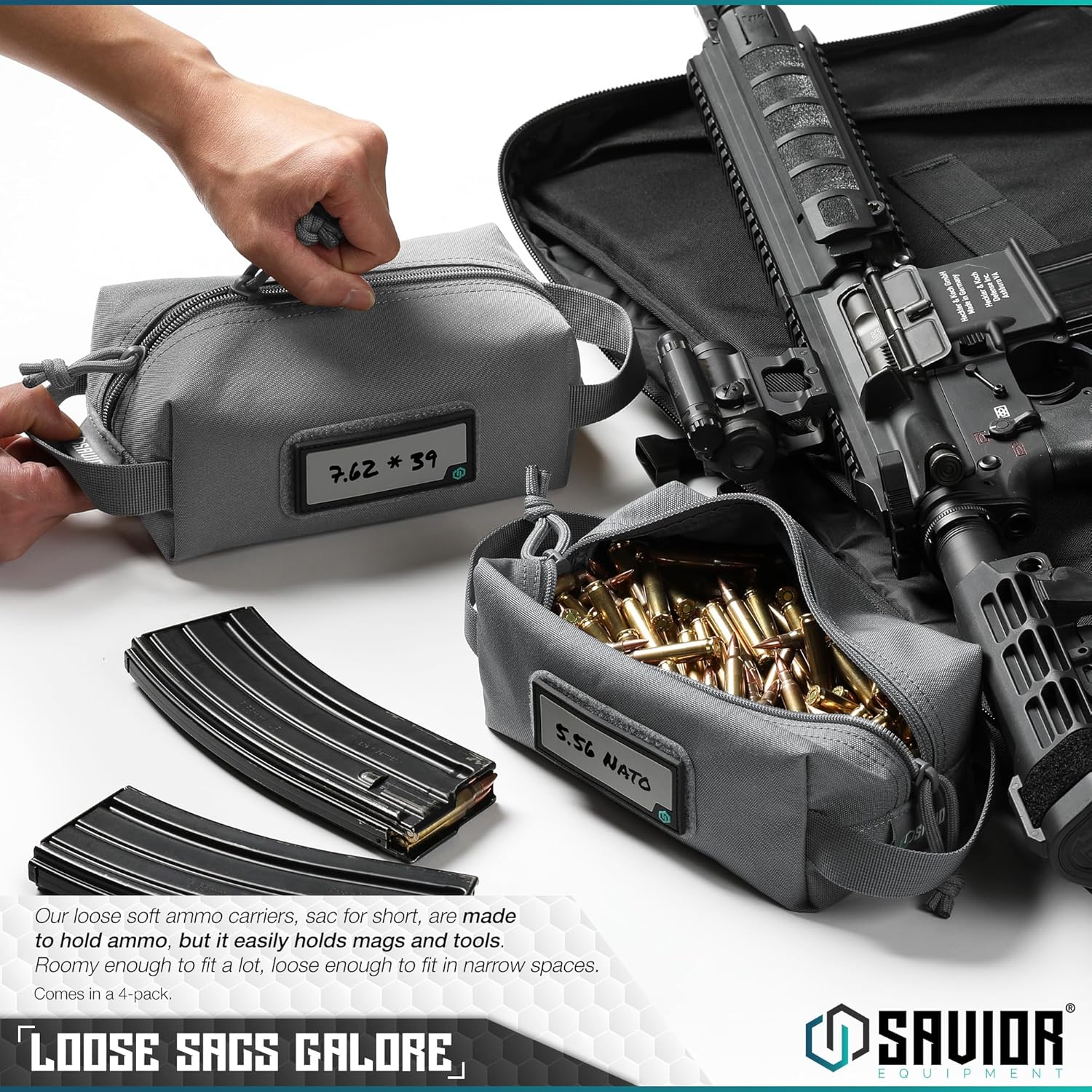Savior Equipment Loose Sacs – Paquete de 4 bolsas tácticas de munición para armas de fuego, parches de identificación incluidos, rifle, carabina,