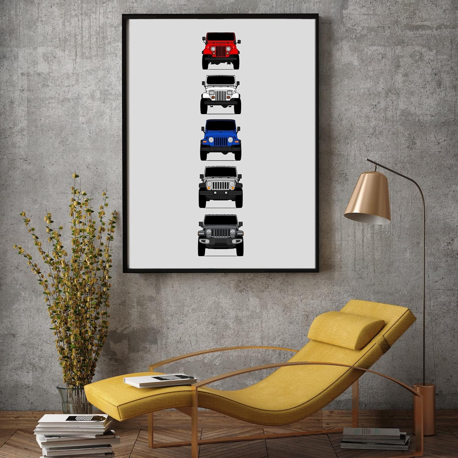 Jeep Wrangler Generations Inspired Car Poster – Handmade Print of CJ, YJ, TJ, JK, JL – American, 17×22″ Metallic Print (Unframed) – Perfect Gift for