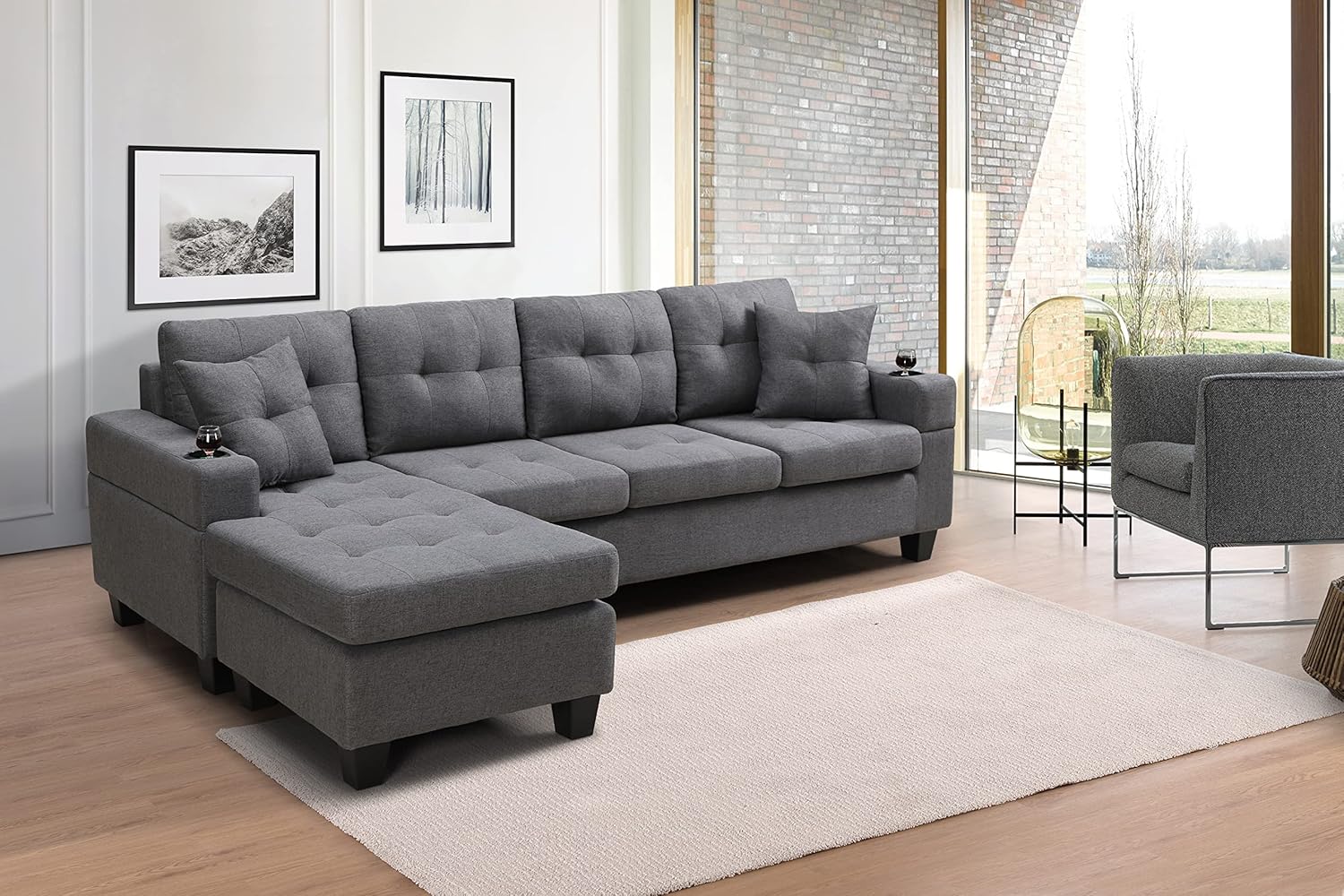 Sofá modular moderno en forma de L, sofá tapizado de tela con diván reversible y 2 portavasos, para sala de estar pequeña, color gris