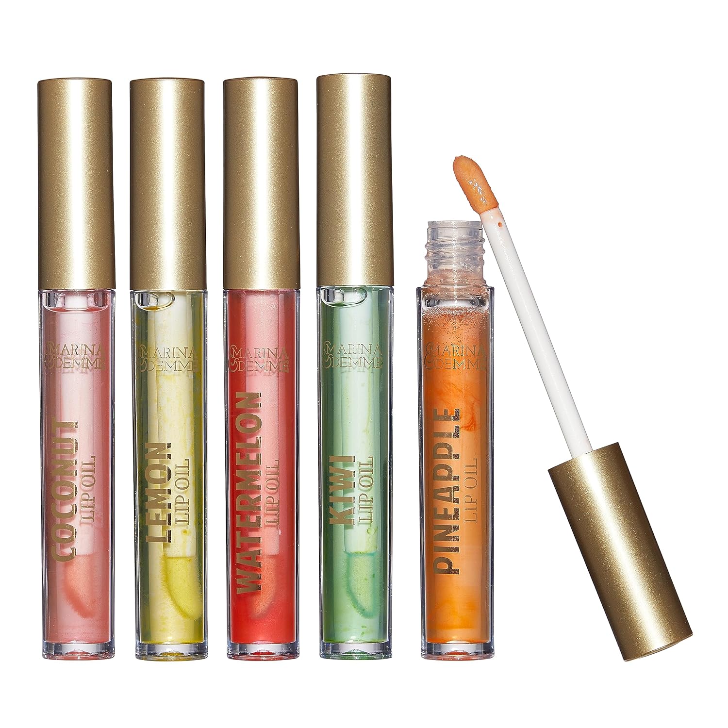 Marina and Demme Colección de 5 piezas de aceites labiales tropicales juego de 5 brillos labiales vibrantes en tubos aptos para viajes (0.1 fl oz