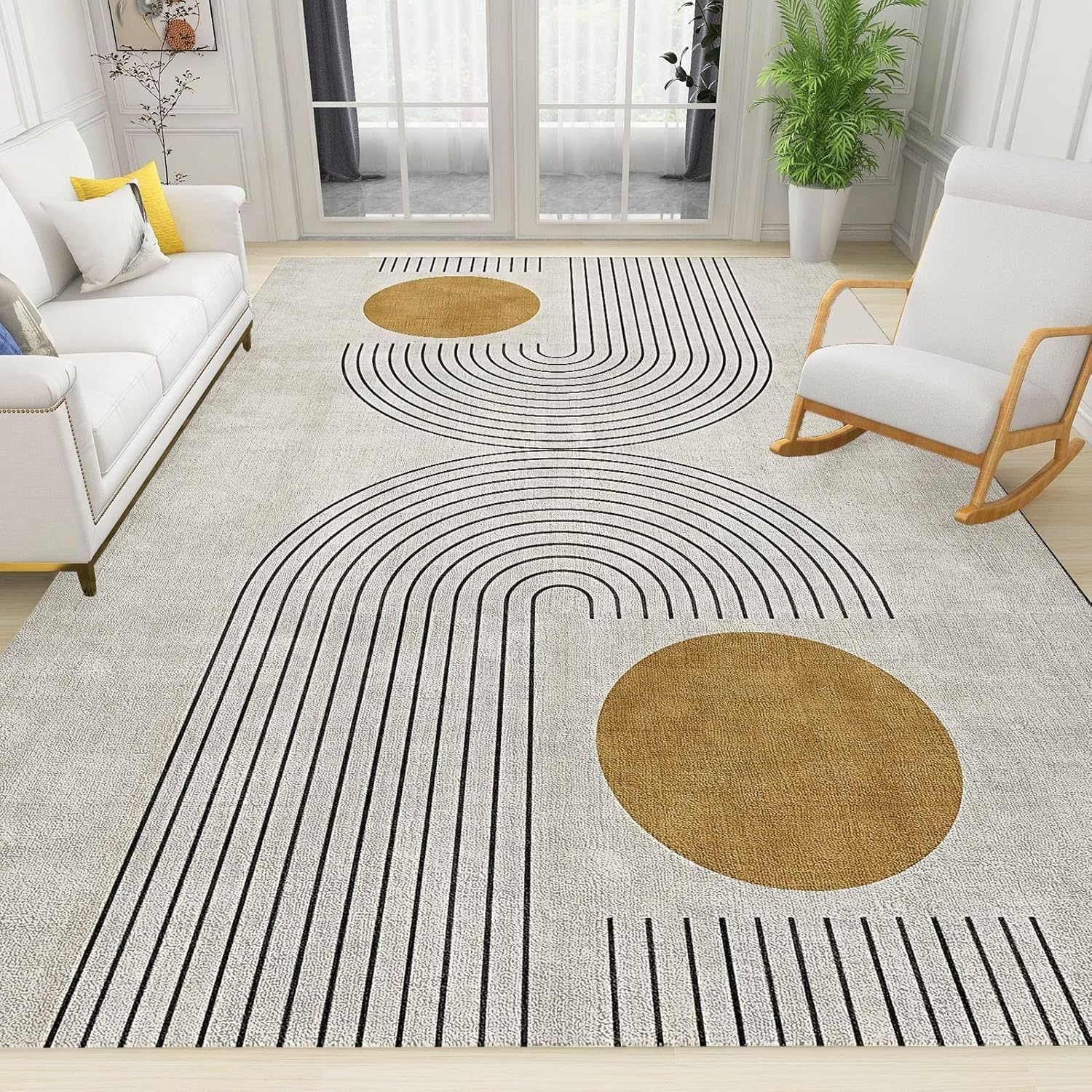 Alfombra moderna de mediados de siglo, con líneas geométricas abstractas contemporáneas, alfombra de interior envejecida, suave y esponjosa,