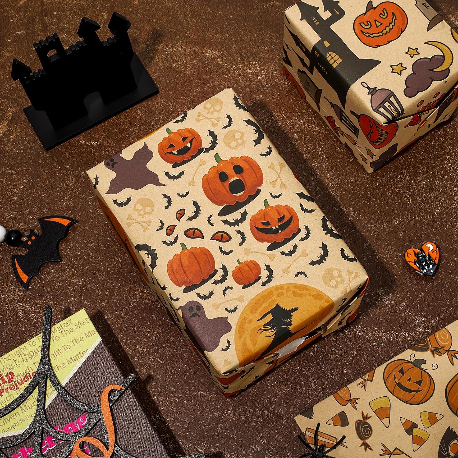 Whaline 12 hojas de papel de estraza para Halloween, otoño, calabaza, fantasma, bruja, hoja de arce, 6 diseños, cosecha de otoño, papel de regalo