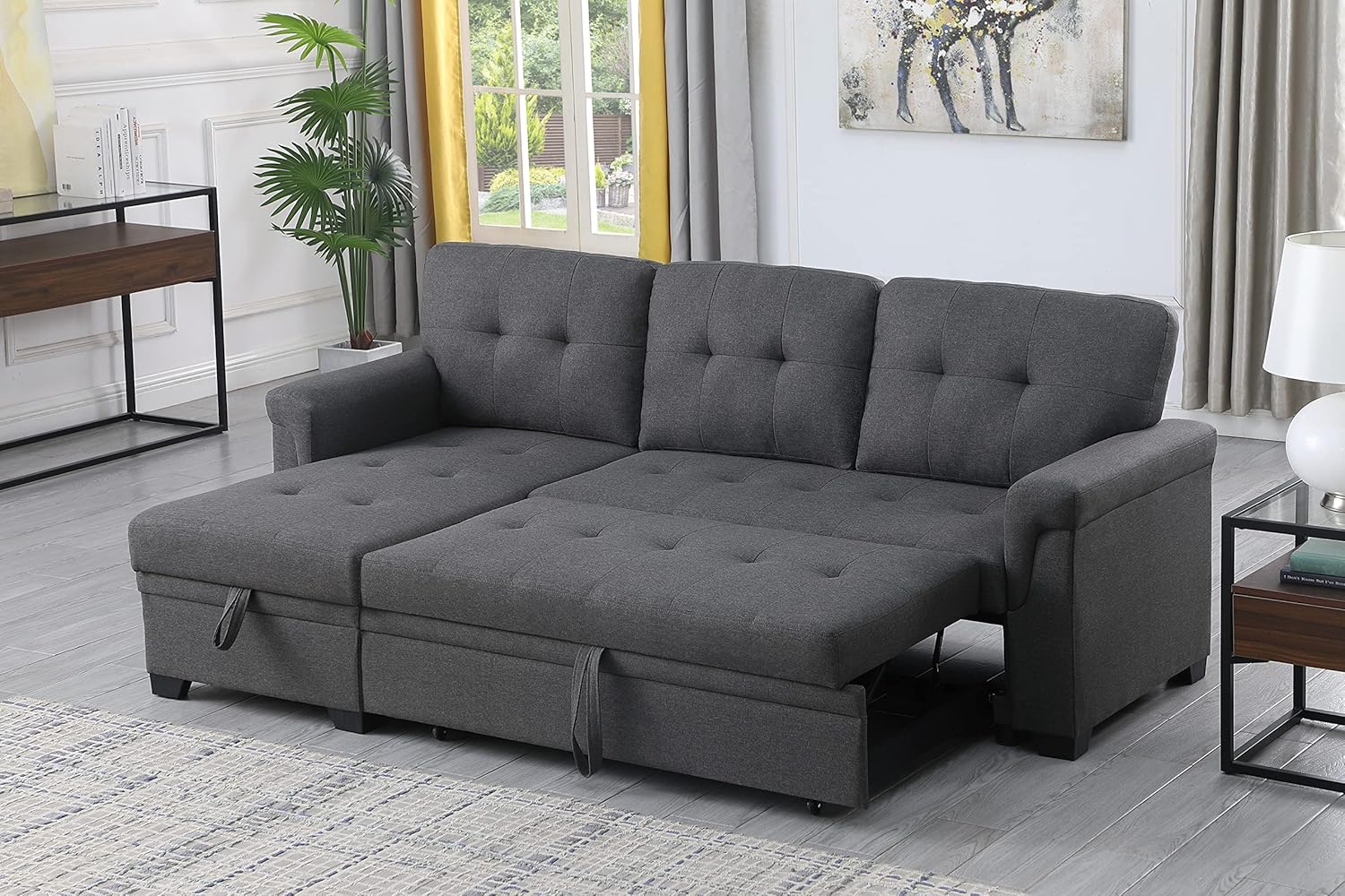 Sofá cama modular convertible en forma de L de 84 pulgadas con diván de almacenamiento y cojines copetudos, sofá esquinero reversible tapizado de